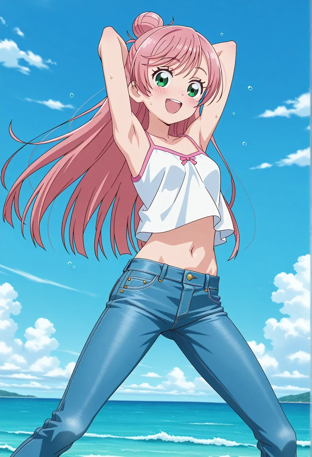 score_9, score_8_up, score_7_up, source_anime, highres, hi res, ((best quality, top quality, perfect quality, Highest Quality, amazing quality)), {{masterpiece}}, {{an extremely delicate and beautiful}}, 2d, intricate details, official style, anime, 8k, anime style, official_anime, official art, digital painting, cell shading, soft shading, high resolution, soothing tones, Subdued Color, Soft cinematic light, adobe lightroom, photolab, HDR, intricately and hyper-detailed, ((high quality animation)), 1 girl, Alone, solo, ((ocean)), tsunami, on the water, day, sunny, outdoors, sky, windy, nijigaoka mashiro, Hirogaru Sky! Precure, green eyes, long hair, pink hair, hair bun, anime screencap, small breasts, white camisole top, crop top, white crop top, best quality, hyper-detailed jeans, ((blue jeans:1.9)), (dark blue jeans:0.6), full medium body, medium shot, Open mouth, smiling, happy face, blush, sweat, standing, ((arms behind head:6.0)), ((perfect arm line:2.5)), bowlegged, jumping pose, action, looking at viewer, spread legs, Bend knees slightly, straight-on front view