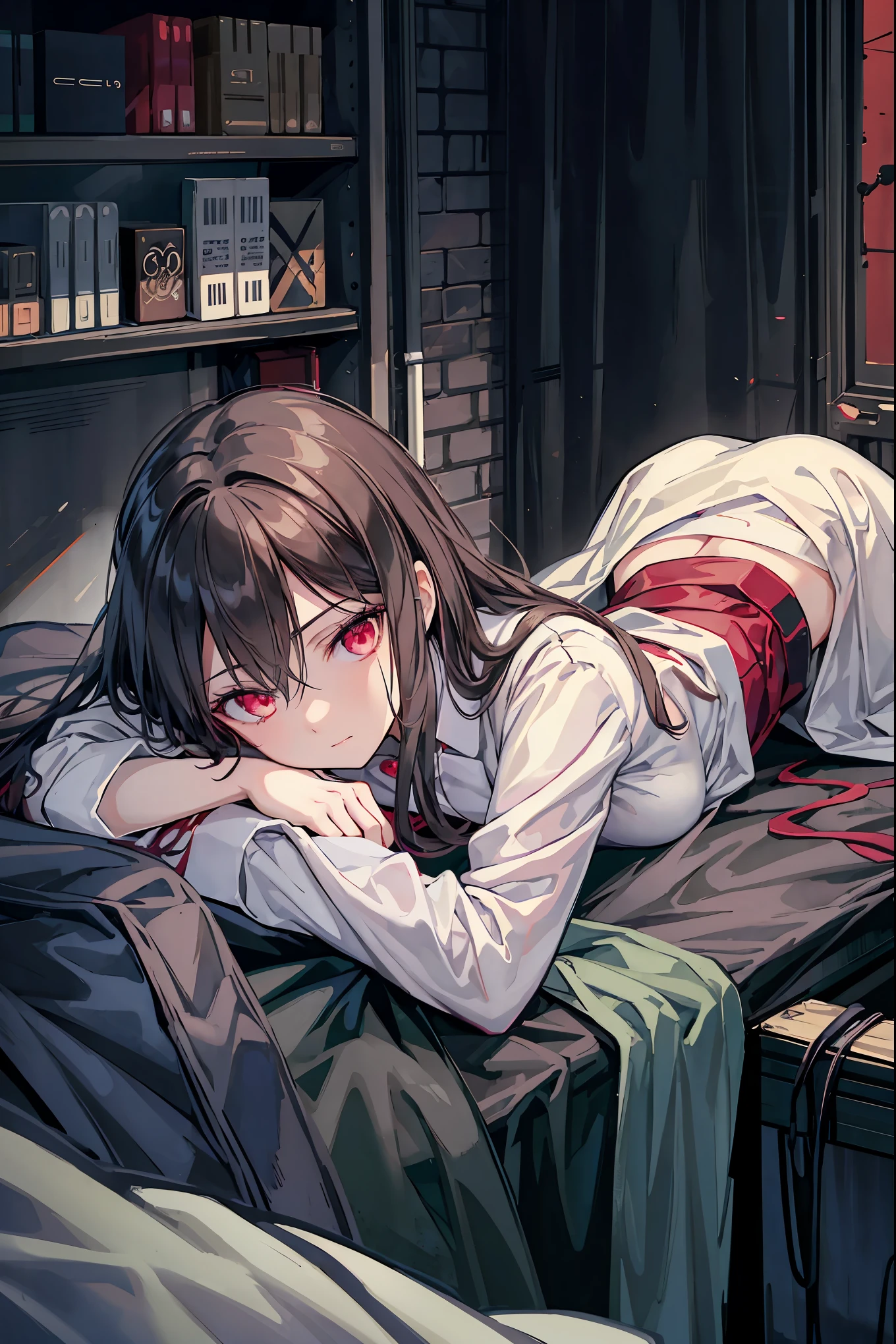 Forbidden Laboratory,dark,Faceless Doctors,Normal Girls Lying in Bed,only her eyes glow red,High Fine,Realistic,high contrast,Vivid Colors,Professional,horror,Nervous,Photo shoot,Digital Art