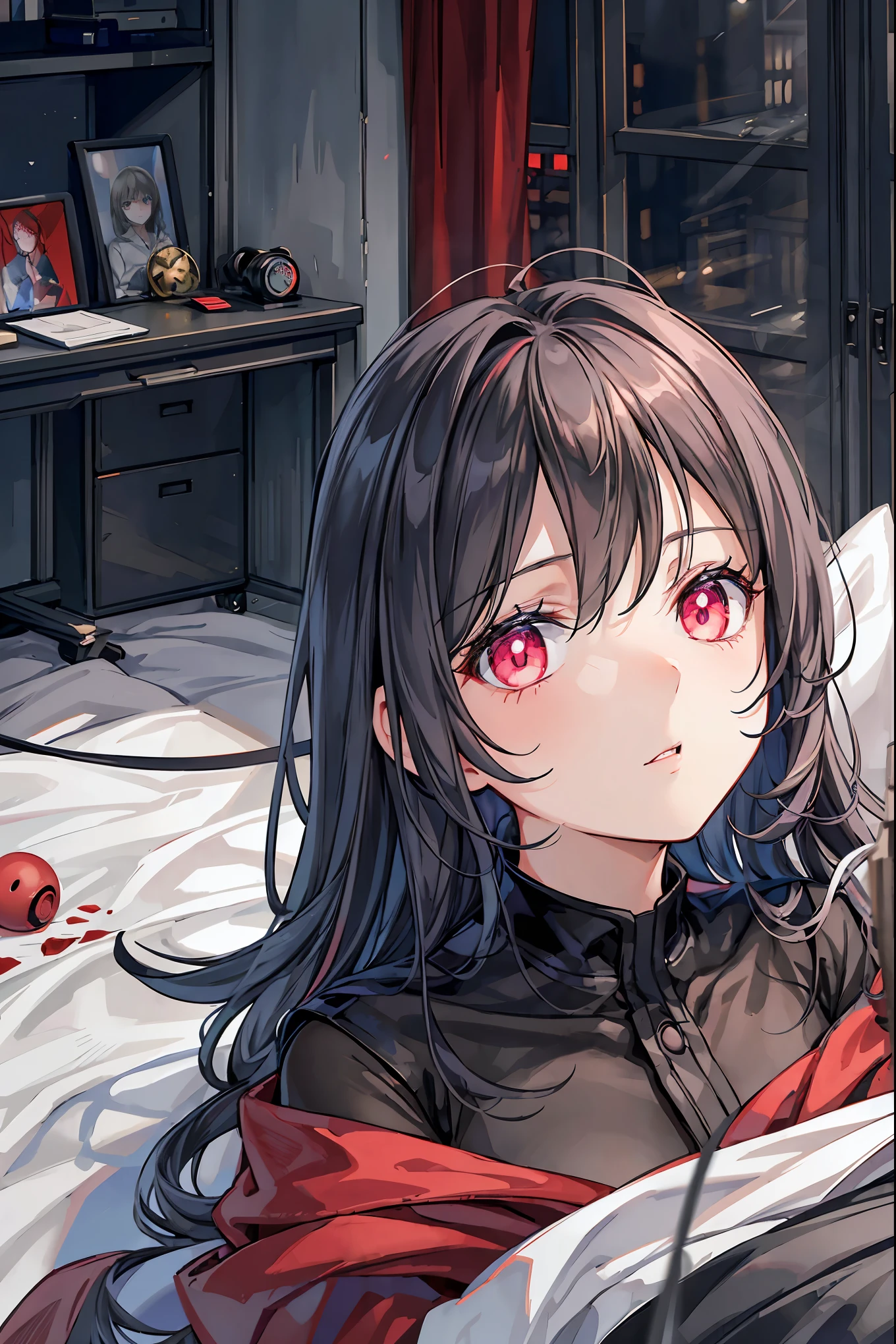 Forbidden Laboratory,dark,Faceless Doctors,Normal Girls Lying in Bed,only her eyes glow red,High Fine,Realistic,high contrast,Vivid Colors,Professional,horror,Nervous,Photo shoot,Digital Art