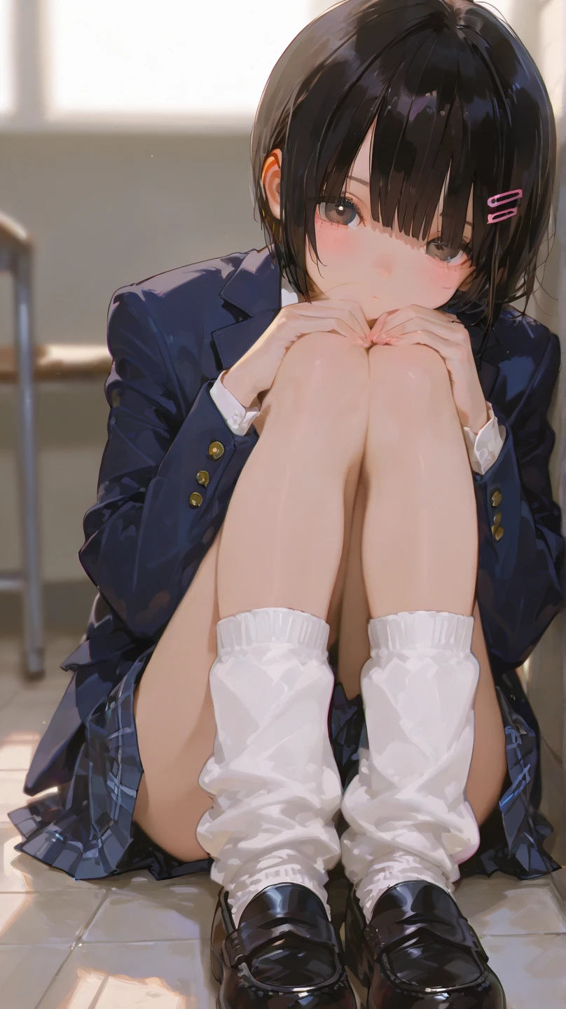 (((solo))),(((1 girl))),  beautiful, illustration, extremely detailed skin, masterpiece, best quality, extremely detailed face, vibrant colors, depth of field, cinematic lighting,, 1girl, solo, brown eyes, brown hair, hair ornament,short hair,green plaid skirt,, white shirt, yellow sweater vest,Masterpiece Top Quality High Resolution、Anna Tanaka ,  Sit with your knees bent、Eight-headed body、beauty legs 、in a school、As if looking up from below、Ashamed,nsfw,white panty,cameltoe
