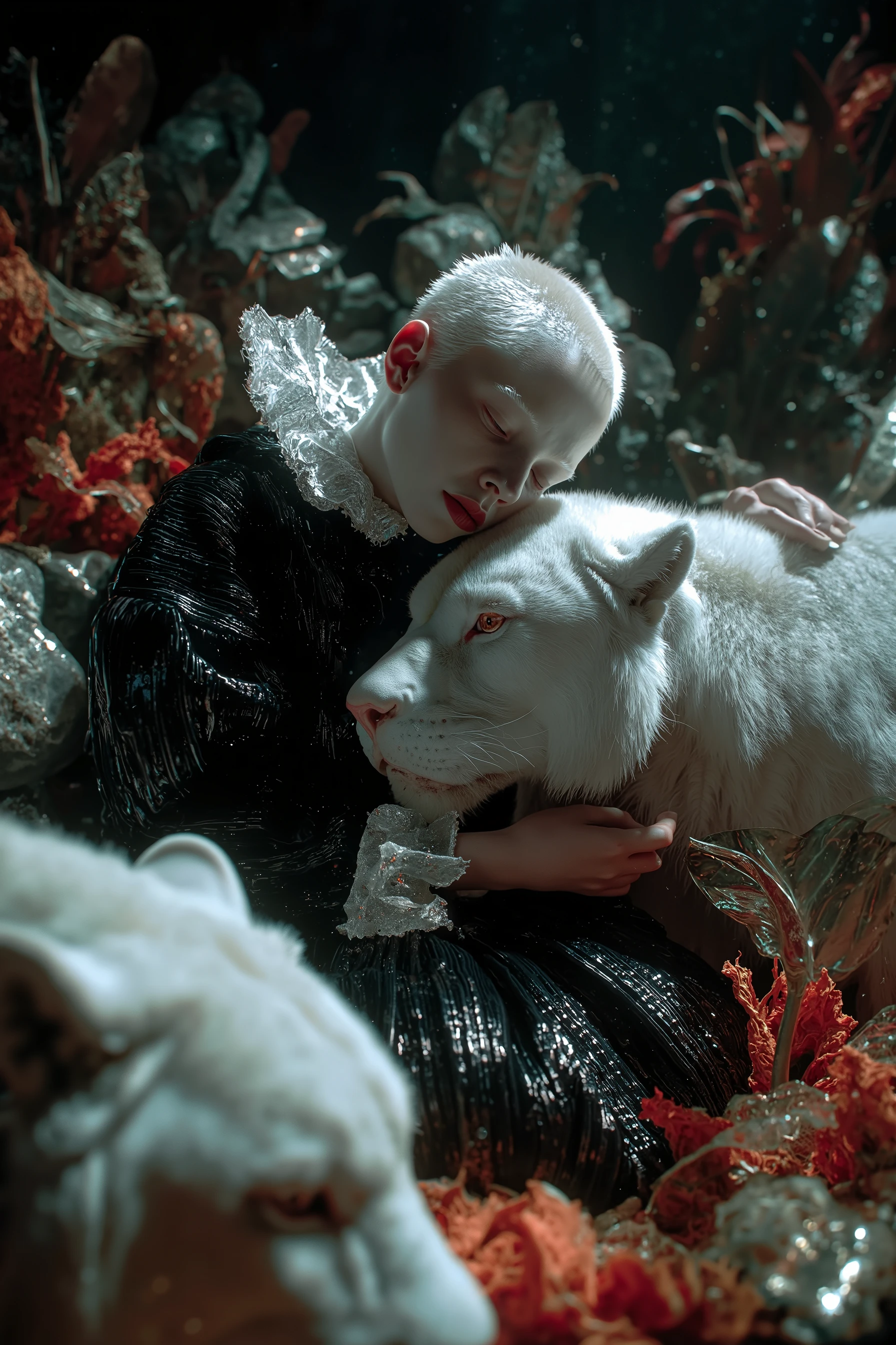 STILE DAIKON. close-up, strange and sinister human albino, with exotic predatory animals surrounded by NATURE and VEGETATION background, are friendly petting the beasts. Style of abstract artist hyperrealistic, inst ax, playful performance art, atmospheric installations, black color palette, iconic, minimalistic art, minimal fashion, colorful costumes, intense supercolor, solar punk. Coherent and dynamic movement. Hyperrealistic, cinematic lighting, hyper-detailed, 8K.