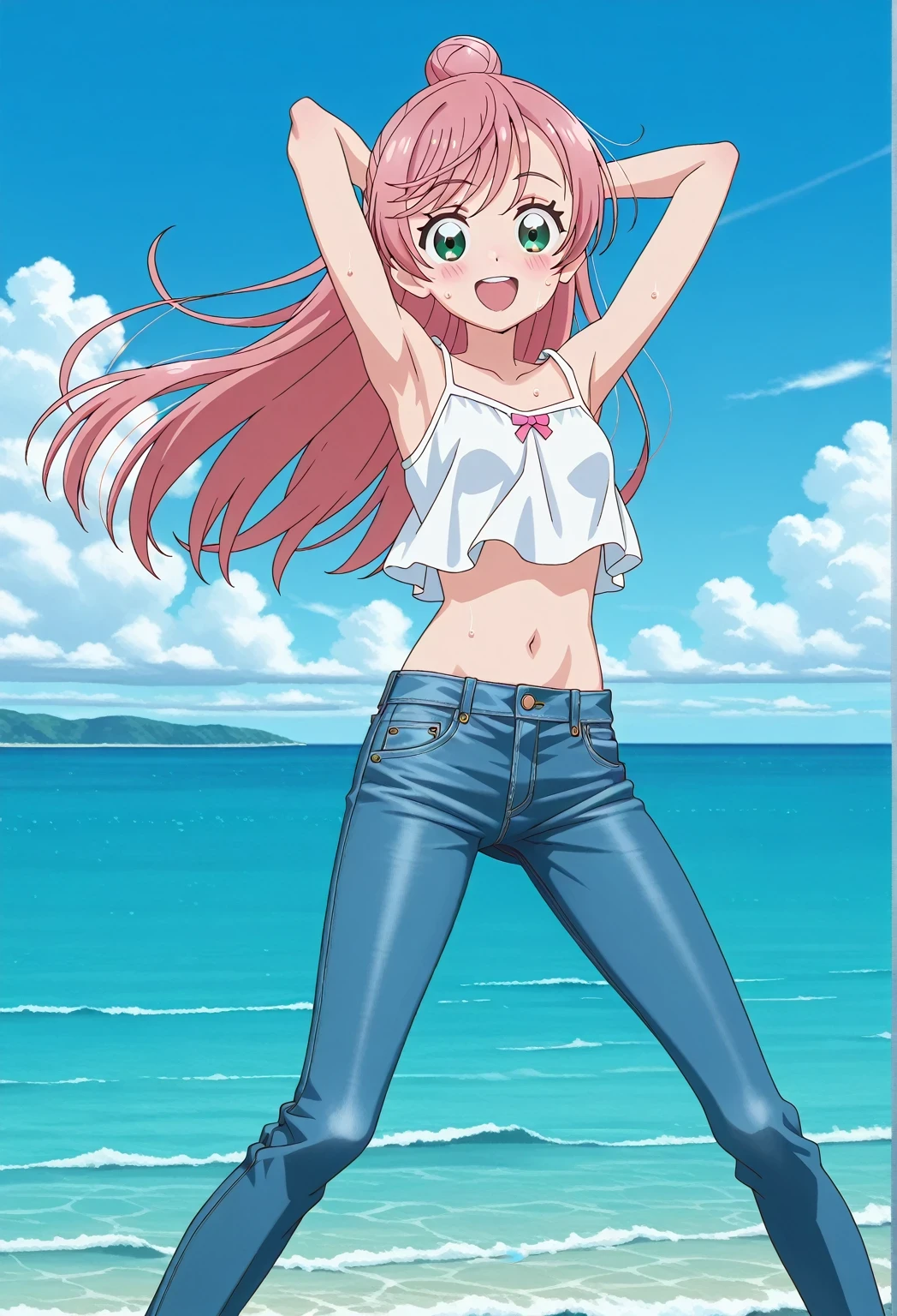 score_9, score_8_up, score_7_up, source_anime, highres, hi res, ((best quality, top quality, perfect quality, Highest Quality, amazing quality)), {{masterpiece}}, {{an extremely delicate and beautiful}}, 2d, intricate details, official style, anime, 8k, anime style, official_anime, official art, digital painting, cell shading, soft shading, high resolution, soothing tones, Subdued Color, Soft cinematic light, adobe lightroom, photolab, HDR, intricately and hyper-detailed, ((high quality animation)), 1 girl, Alone, solo, ((ocean)), tsunami, on the water, day, sunny, outdoors, sky, windy, nijigaoka mashiro, Hirogaru Sky! Precure, green eyes, long hair, pink hair, hair bun, anime screencap, small breasts, white camisole top, crop top, white crop top, best quality, hyper-detailed jeans, ((blue jeans:1.9)), (dark blue jeans:0.6), full medium body, medium shot, Open mouth, smiling, happy face, blush, sweat, standing, ((arms behind head:6.0)), ((perfect arm line:2.5)), bowlegged, jumping pose, action, looking at viewer, spread legs, Bend knees slightly, straight-on front view