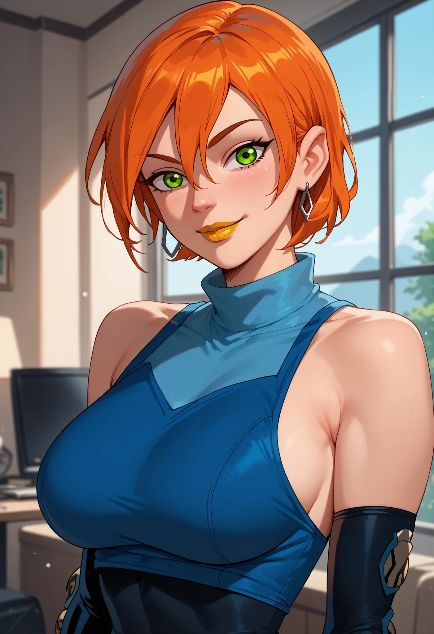 woman, green eyes, orange hair, big breasts, anime style, yellow lipstick, Gwen, white skin, sensual smile