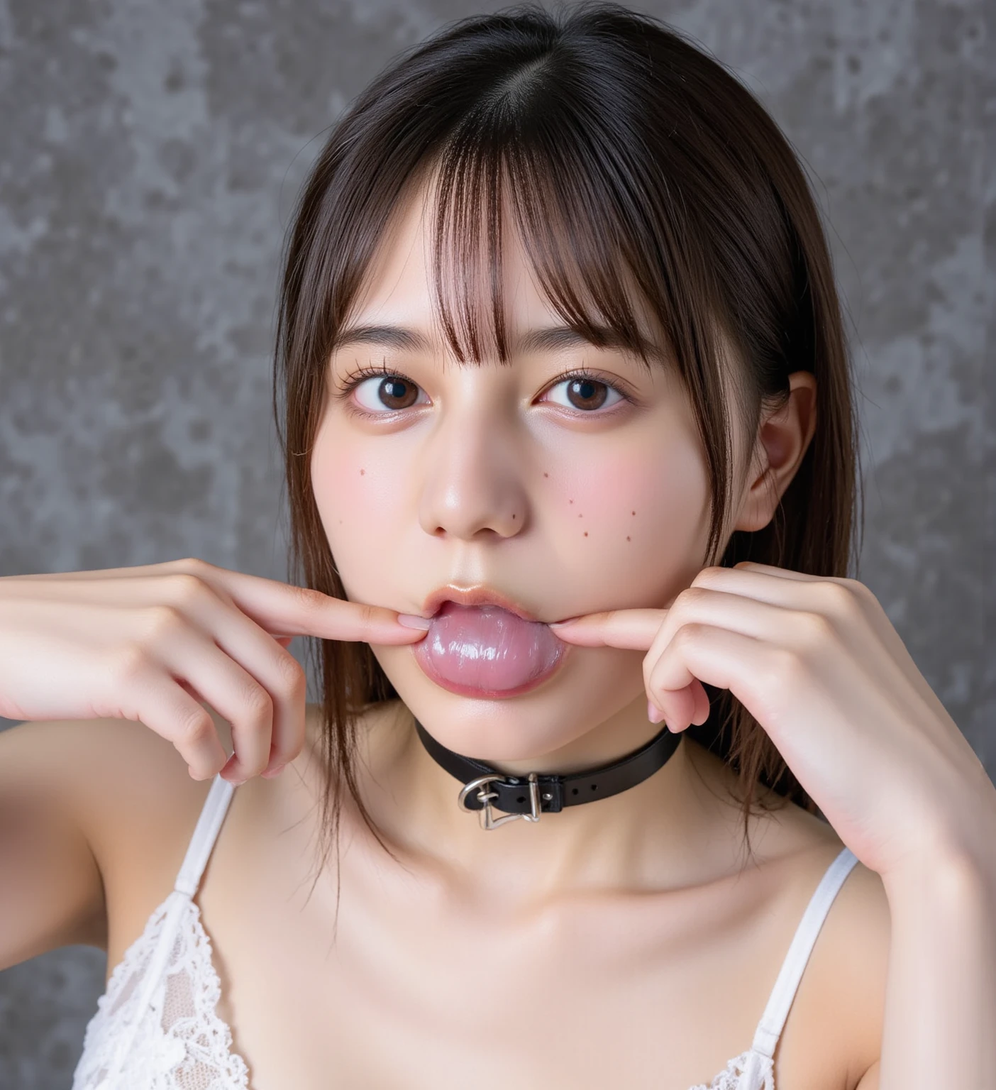 triangle-bikini,(open mouth:1.5),(tongue out:2),Kneeling,Hands between legs,Collar with leash,front view,face focus,from above(1girl,Beautiful 14 year old girl,teenager),((Slender,Small breasts,Small face,)),(looking at viewer),Black Hair,bangs,straight,Beautiful and detailed,shower room
