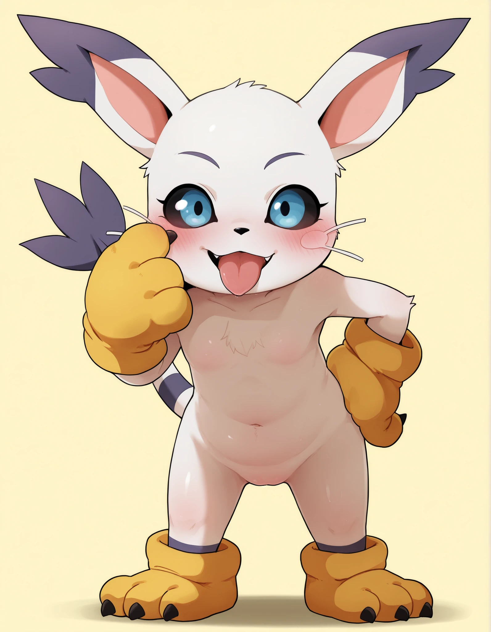 Dagashi,, furry,, safe, digimon, gatomon, felid, feline, absurd res, full-length portrait, hi res, black nose, blue eyes, blush, clothing, cute fangs, dipstick ears, ear tuft, eyelid pull, eyelid pull taunt, featureless crotch, front view, glistening, glistening eyes, gloves, gloves only, hand on hip, handwear, handwear only, leaning, leaning forward, looking at viewer, looking up, markings, mostly nude, multicolored ears, paw gloves, plantigrade, raised tail, simple background, solo, standing, striped markings, striped tail, stripes, tail, tail markings, tail tuft, tongue, tongue out, tuft, whiskers, yellow background,, gatomon, white fur, big yellow gloves, tail ring, paw gloves, claws