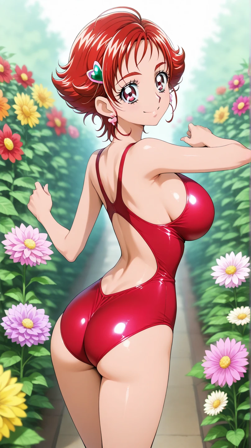 1girl, red hair, medium hair, short hair, flower, flower orbament, ornament, hair ornament, green eyes, one-piece swimsuit, competition swimsuit, ?????????????, wide ????, thick thighs, smile, ??????? supress, ((?????? suppress)), hands on ???????
