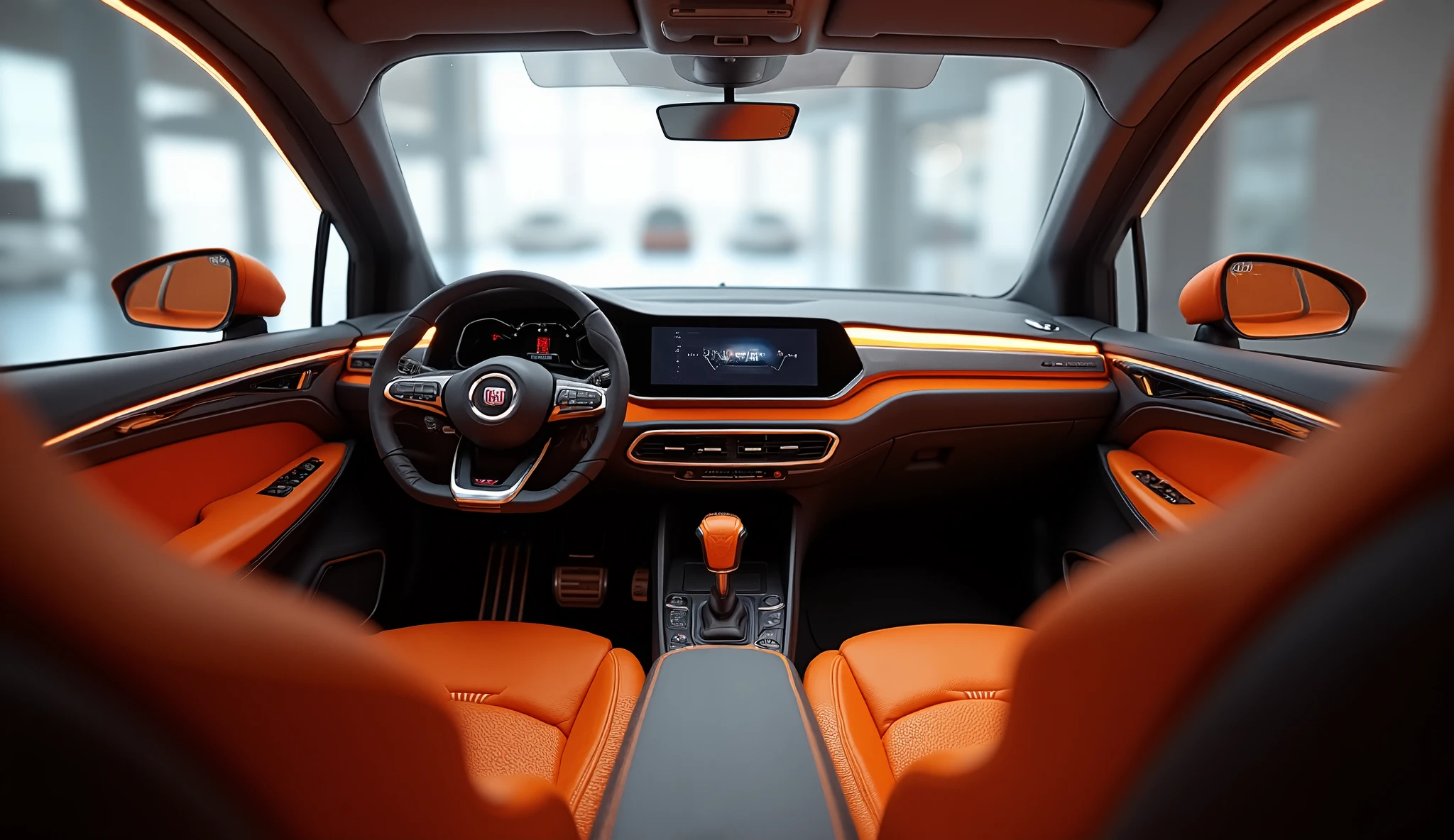  An ultra-realistic 8K render of the 2026 Fiat Grande Panda interior, captured inside a bright-white FIAT Ibrida showroom. The car’s exterior is burnt orange metallic glossy, visible faintly through the panoramic glass roof and open doors, reflecting the showroom lights.

The interior design is minimalist and modern, featuring a two-tone dashboard in matte black and warm grey, with orange accent stitching matching the car’s body color. The steering wheel carries the new FIAT logo, and the digital cockpit includes a wide high-definition display and a floating center touchscreen with soft ambient lighting.

Seats are crafted in premium eco-leather and fabric mix, designed in a boxy-retro style but with futuristic detailing — ergonomic contours, contrast orange stitching, and integrated headrests.

The center console houses a compact rotary gear selector and wireless charging pad, while soft LED light strips run along the doors and dashboard edges, enhancing the cozy yet futuristic mood.

The reflection of showroom lights on the glossy surfaces and metallic trims gives a cinematic, photo-realistic 3D look — interior close-up, luxury detailing, burnt orange accents, ambient lighting, modern Italian design.
