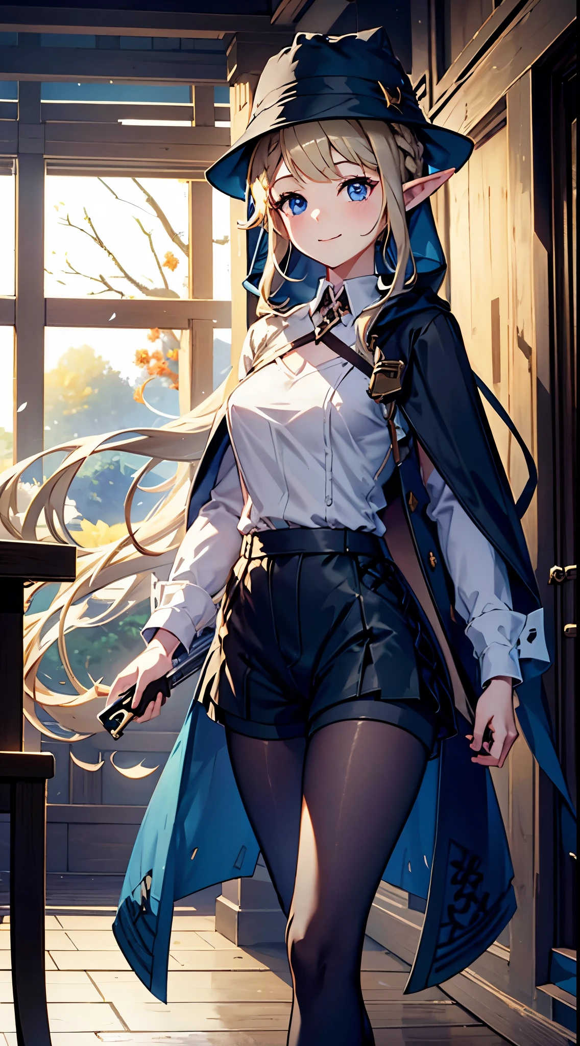 elf girl in charge of the hall、smiling expression、Fall Outfits、long cardigan that brings your face close to the flower、shorts、knee-high long boots to hold a firearm、, you can peel the front and see your whole body down to your feet、long haired blonde、wearing a hat、Holding coffee in her right hand
