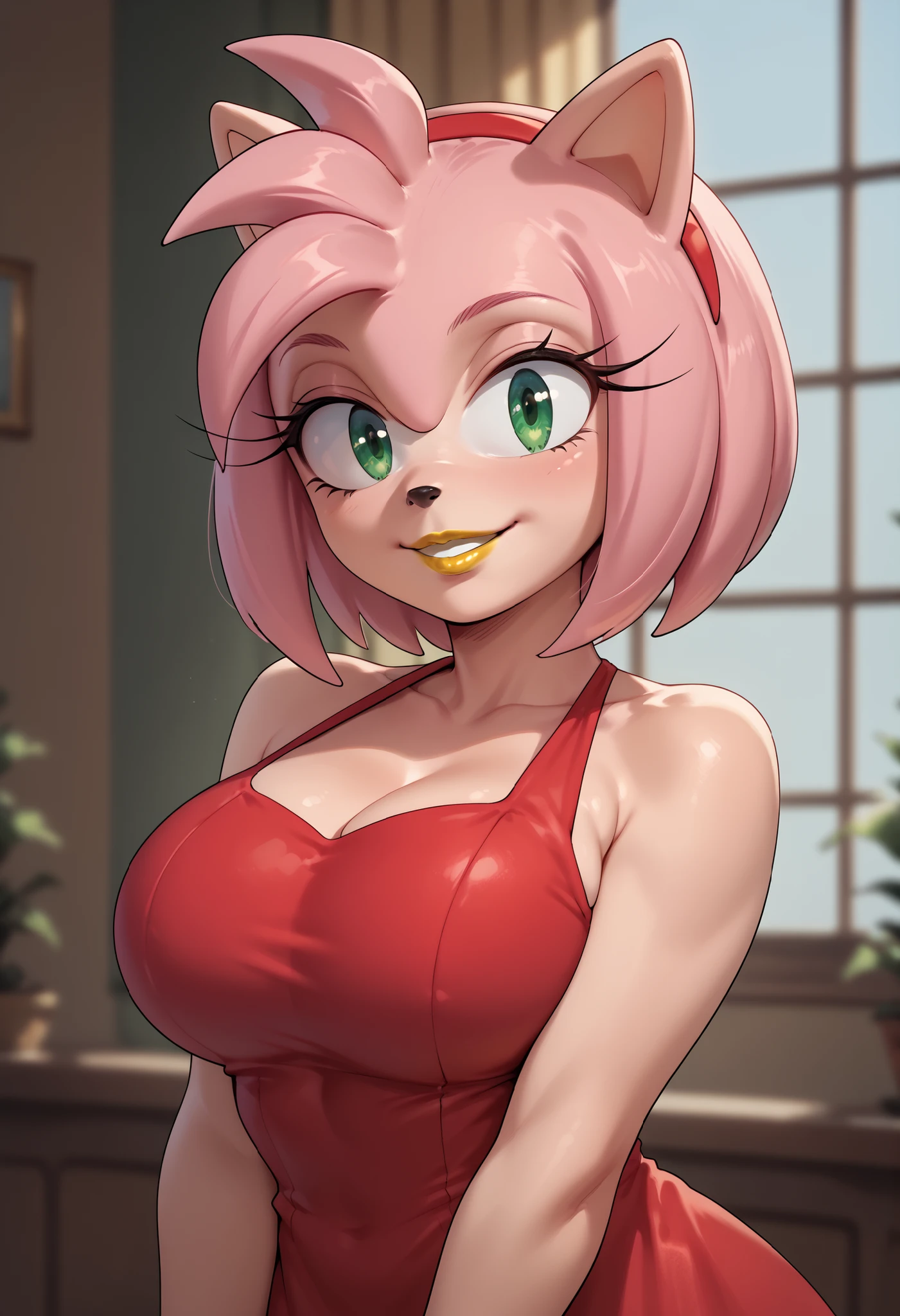 Female furry, green eyes, pink hair, big breasts, red dress, anime style, yellow lipstick, Amy Rose, sensual smile 