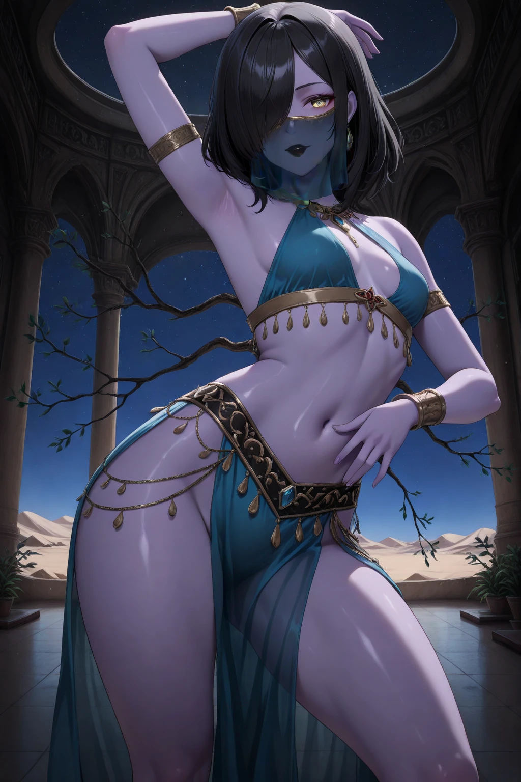 (solo:1.1),(masterpiece), (best quality:1.3), ultra detailed, intricate, professional art, digital art, absurdres, shadraven, (Full body view:1.1), 1girl, solo, (grey skin:1.4), dark purple hair, bob hair, purple eyes, ???? wider than shoulders, pear shaped body, jewellery, detailed thighs, thick thighs, red jewel in forehead, jewels, cuffs, small ???????, (shadraven cloak), (Shadraven broach:1.2), Shadraven jewel belt, Shadraven wearing a long sleeved leotard outside at night, long legs, ( long ?????? bulge:1.4), large ?????, large ?????????, side angle view, looking at viewer, bubble ???? , gluteal crease, universal lighting,,
