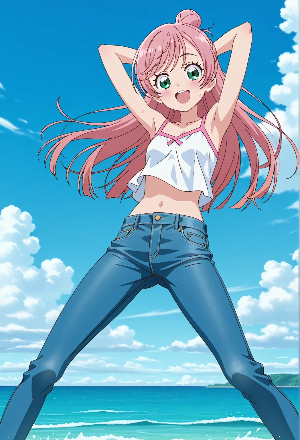 score_9, score_8_up, score_7_up, source_anime, highres, hi res, ((best quality, top quality, perfect quality, Highest Quality, amazing quality)), {{masterpiece}}, {{an extremely delicate and beautiful}}, 2d, intricate details, official style, anime, 8k, anime style, official_anime, official art, digital painting, cell shading, soft shading, high resolution, soothing tones, Subdued Color, Soft cinematic light, adobe lightroom, photolab, HDR, intricately and hyper-detailed, ((high quality animation)), 1 girl, Alone, solo, ((ocean)), tsunami, on the water, day, sunny, outdoors, sky, windy, nijigaoka mashiro, Hirogaru Sky! Precure, green eyes, long hair, pink hair, hair bun, anime screencap, small breasts, white camisole top, crop top, white crop top, best quality, hyper-detailed jeans, ((blue jeans:1.9)), (dark blue jeans:0.6), full medium body, medium shot, Open mouth, smiling, happy face, blush, sweat, standing, ((arms behind head:6.0)), ((perfect arm line:2.5)), bowlegged, jumping pose, action, looking at viewer, spread legs, Bend knees slightly, straight-on front view