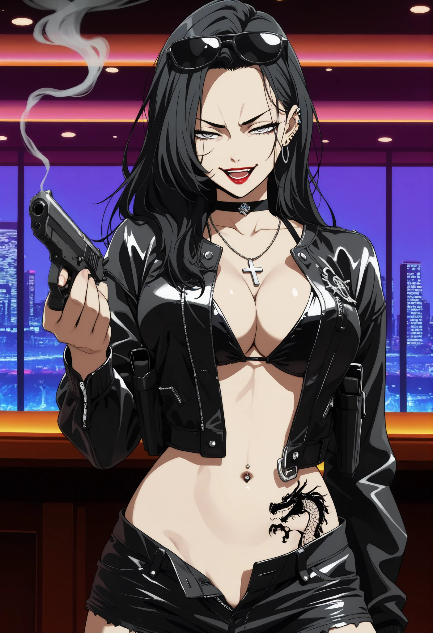 YumiLeeV1, black hair, , grey eyes,
, ear piercing, long hair, , lipstick, Hot girl, baddie, smoking, sensual, attractive , cross necklace, choker,jewelry, bar background, inside bar,indoors, cityscape, casino, nightclub, city lights,,masterpiece, best quality, highly detailed, a girls with a gun, evil smile , open mouth, sexy gaze, badass pose , evil smile, smile, (nsfw) not safe for work, guns blazing, anime girl with long hair, beautiful long haired girl, navel, evil expression, exposed belly, exposed navel, exposed midriff, exposed lower belly, , cleavage, unbuttoned shorts ,open fly, shorts, short shorts,, leather jacket, holding a gun, holding pistol ,unbuttoned shirt, collared shirt, knot, pull_down shorts, black short shorts,(show off panties,:1.2, no panties), zip up leather jacket,bikini top, ,,navel piercing , shoulder holster, sunglasses on head,, medium large breasts, dragon tattoo on waist, narrowed eyes, tattoo on waist, anipai_style , anime screencap , anime coloring, v-shape eyebrows,,