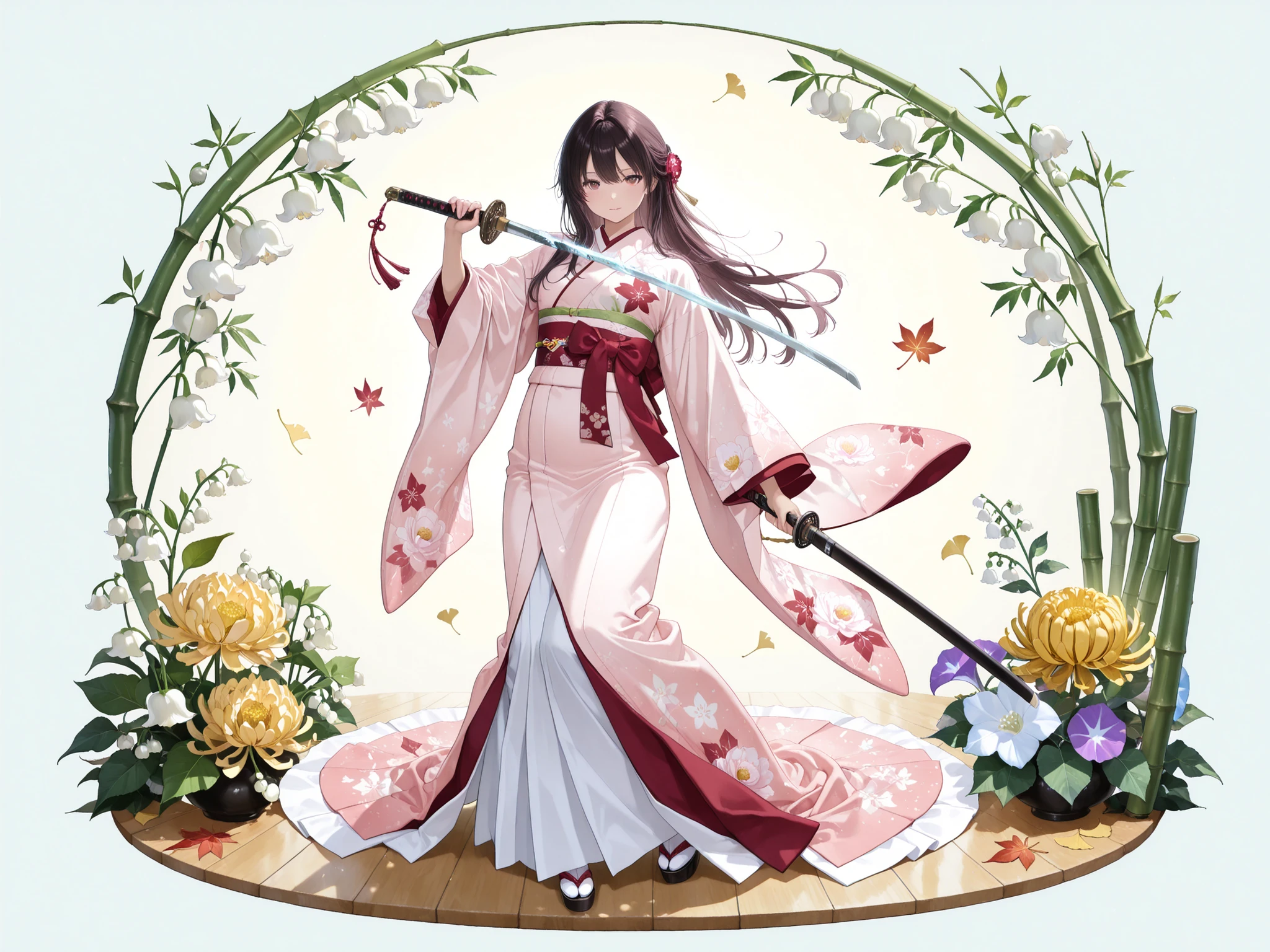 (masterpiece:1.1), (best quality:1.1), (very aesthetic), (absurdres), full body, solo, 1girl, traditional japanese kimono, elegant pose, stylized japanese pattern, beautiful wagara textile, detailed pattern on sleeves and hem, includes flowers like sakura, peony, morning glory, narcissus, lily of the valley, chrysanthemum, plum blossom, maple leaves, ginkgo, bamboo, clear background, natural light, graceful and harmonious aesthetic, holding sword,
