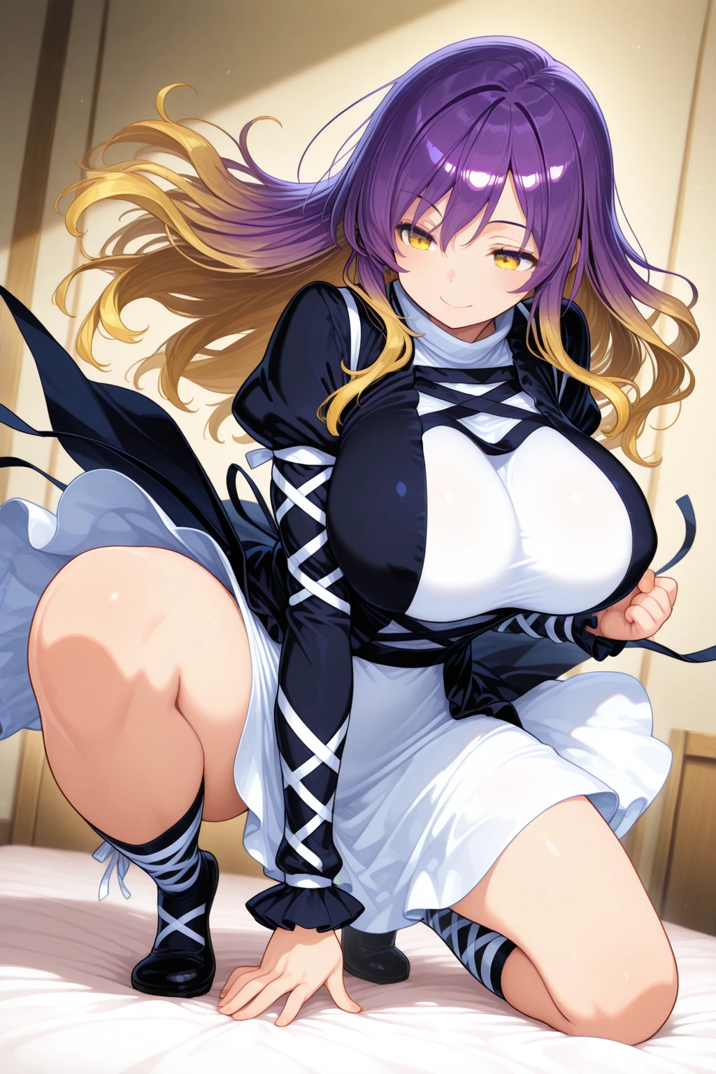 Bernadetta von Varley (Fire Emblem: Three Houses), maid outfit, skirt, black thigh highs, shy look, ((best quality)), ((masterpiece)), (detailed), HDR, perfect face, ((????)), ((tall fox ears)), ear fluff, built, collar, ((???? look)), 1girl, bedroom background, ((kitsune)),