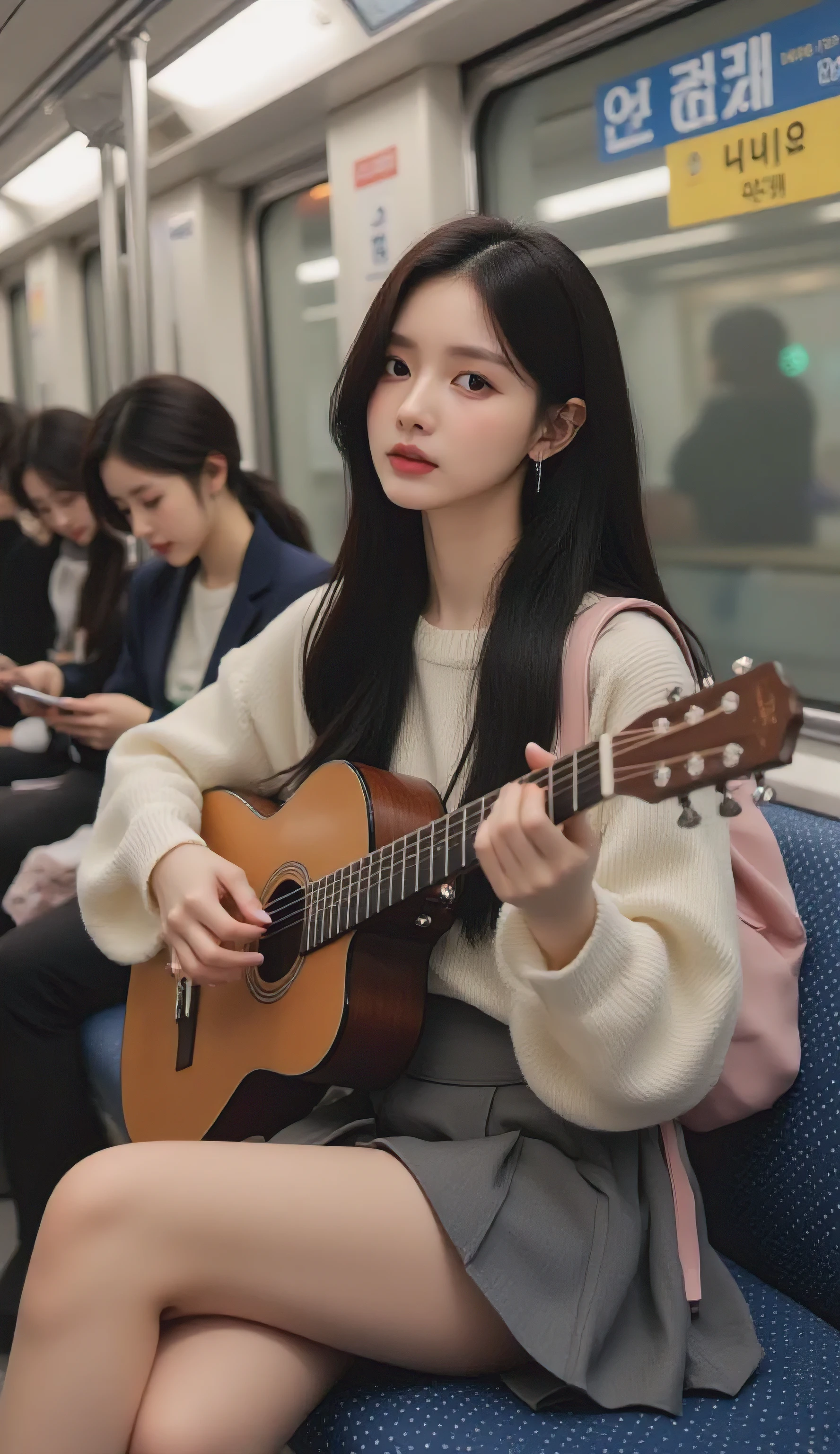 (masterpiece:1.4), (best quality:1.3), jiyeon_oc:1.2, A beautiful girl with a small frame,
**medium long shot (from head to mid-thigh)**, eye-level front view,
inside a **Seoul subway train with standard longitudinal seating arrangement**,
**perfectly symmetrical composition limited to the window wall behind the girl**,
focus on a pure Korean girl with long black hair, one side pinned with a small silver hairpin, Light skin tone,
wearing cream loose-fit knit sweater off one shoulder and gray 'high-waist pleated skirt',
with a small pink backpack on her back.
She is sitting **in a normal subway seat facing forward**,
playing a slightly worn brown acoustic guitar and singing passionately,
her left hand fretting chords, right hand strumming.
**The subway window wall behind her is perfectly parallel to the frame**,
showing heavily motion-blurred station scenery ("Seoul Station" sign in Korean).
**Seats are arranged in realistic subway layout along the sides of the carriage**.
Lighting: contrast between cool interior subway lights and warm yellow station lights
flowing through the window from behind.
Shallow depth of field, sharp focus only on the girl's face and guitar hands.
Background: other seated passengers softly blurred - on her left side, a student gazing out window,
standing person.
on her right side, an office worker watching phone with headphones.
Standing passengers visible only from waist down with motion blur.
Mood: emotionally charged, lonely yet warm, K-indie music video style.
Mature, realistic HD photography, Professional Lighting, Vivid Color,
Realistic Texture, 4K High Resolution, Delicate Insertion, panoramic,
Perfect anatomy, flexible body, natural movements and facial expressions,
natural gaze processing,