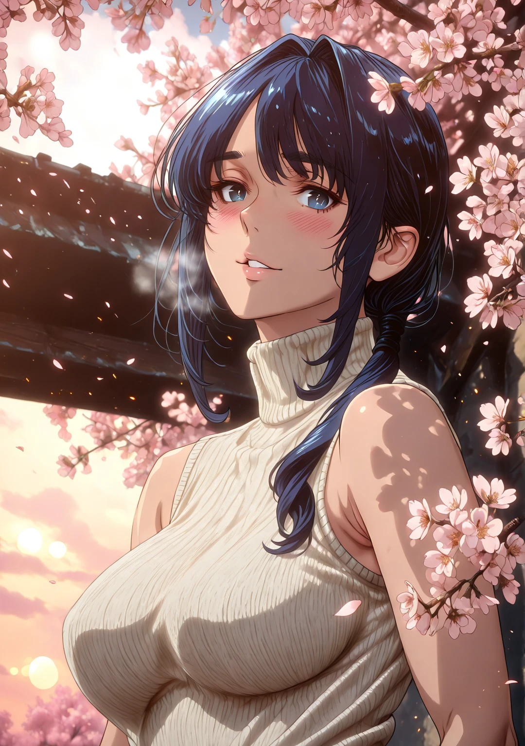 L_Cation2, Babu-style, Hgk, (yoshio_(55level)-style:1.4), (mostlybluewyatt-style:1.3), (aelion_draws-style:1.2), (imizu_(nitro_unknown)-style:1.3), (anime coloring, anime screencap), shiny skin, (voluptuous body:1.4), (mature female:1.4), (cellulite:1.3), ((vignetting)), ((anatomical correct)), ((Cinematic, high quality, newest, UHD, masterpiece)), perfect body, perfect eyes, perfect fingers, gasping, heavy breathing, gasping profusely, ((overhang)), ((curvy)), hair over shoulder, low ponytail, blue hair, blue eyes, bright pupils, plump, 1girl, breasts, solo, looking_at_viewer, turtleneck, sweater, sleeveless, smile, ribbed_sweater, bare_shoulders, cherry_blossoms, sleeveless_turtleneck, blush, turtleneck_sweater, upper_body, hair_intakes, closed_mouth, alternate_costume, white_sweater, flower, sleeveless_sweater, ((embers)), shade eyes, parted lips falling petals, shaded face, dappled sunlight, ((Bokeh)), lensflare, dusk, sky