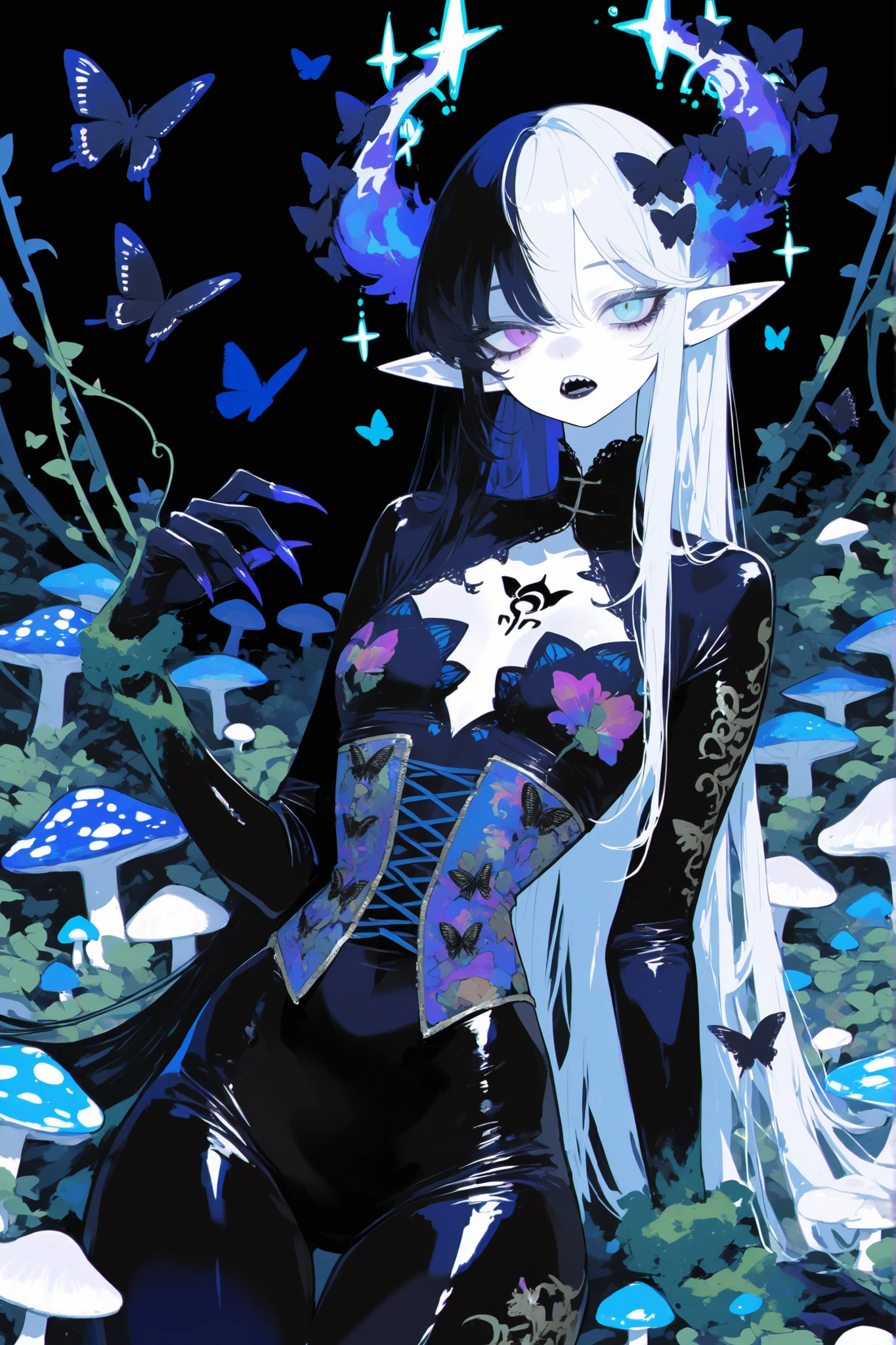(0__11Xx_illu,duobaan,)(SPLIT-COLOR HAIR,MIX OF BLACK AND WHITE HAIR,) Dark faèrie-girl. She has an asthenic skinny flat-chested physique, she has long elegant swan neck,clawed six-fingered limbs,long pointy ears. She has huge sharp pitch black butterfly wings. She has elegant curving antennas. She has white skin and a long straight nose. She has black lipstick and sharp needle-like teeth.
She has straight longest striped hair with NO BANGS. She has royal blue eyes with Nazar symbol.  She wearing in jet-black closed skin-tight catsuit with nature embroidery and engraving of vines. Over it, she wears a Black butterfly leotard dress, with a narrow waist corset. (On background: twilight forest where purple-black trees are covered with bioluminescent moss , multicolored Lilly flowers and mushrooms. Black butterflies and moths are flying everywhere.)