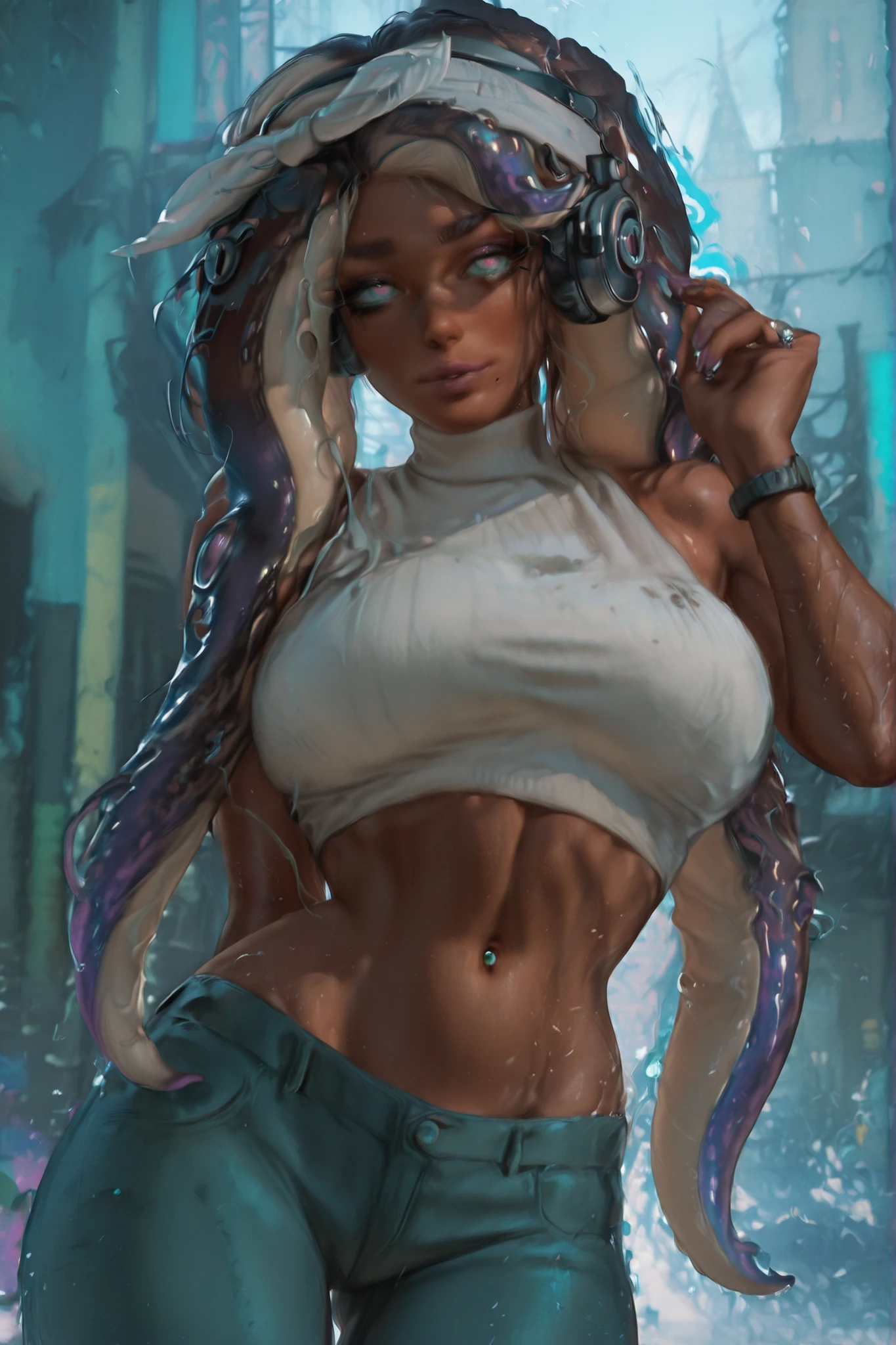 score_9, score_8_up, score_7_up, score_6_up, score_5_up, score_4_up,
BREAK
(masterpiece: 1.0), best quality, perfect anatomy, perfect composition, perfection,
BREAK
cinematic lighting, stopu42
BREAK
MarinaDJ, 1girl, crop top, navel piercing, watch, midriff, wristwatch, headphones, mole under mouth, jeans, bandana, aqua eyes, sweater, headband, ring, turtleneck, groin, jewelry, marina (splatoon), dark multicolored skin, dark-skinned female, tentacle purple multicolored long gradient hair, lowleg pants, pink pupils, cephalopod eyes, suction cups, sleeveless shirt, bare shoulders, voluptuous, city background, Painterly, hyperdetailed painting, impressionism