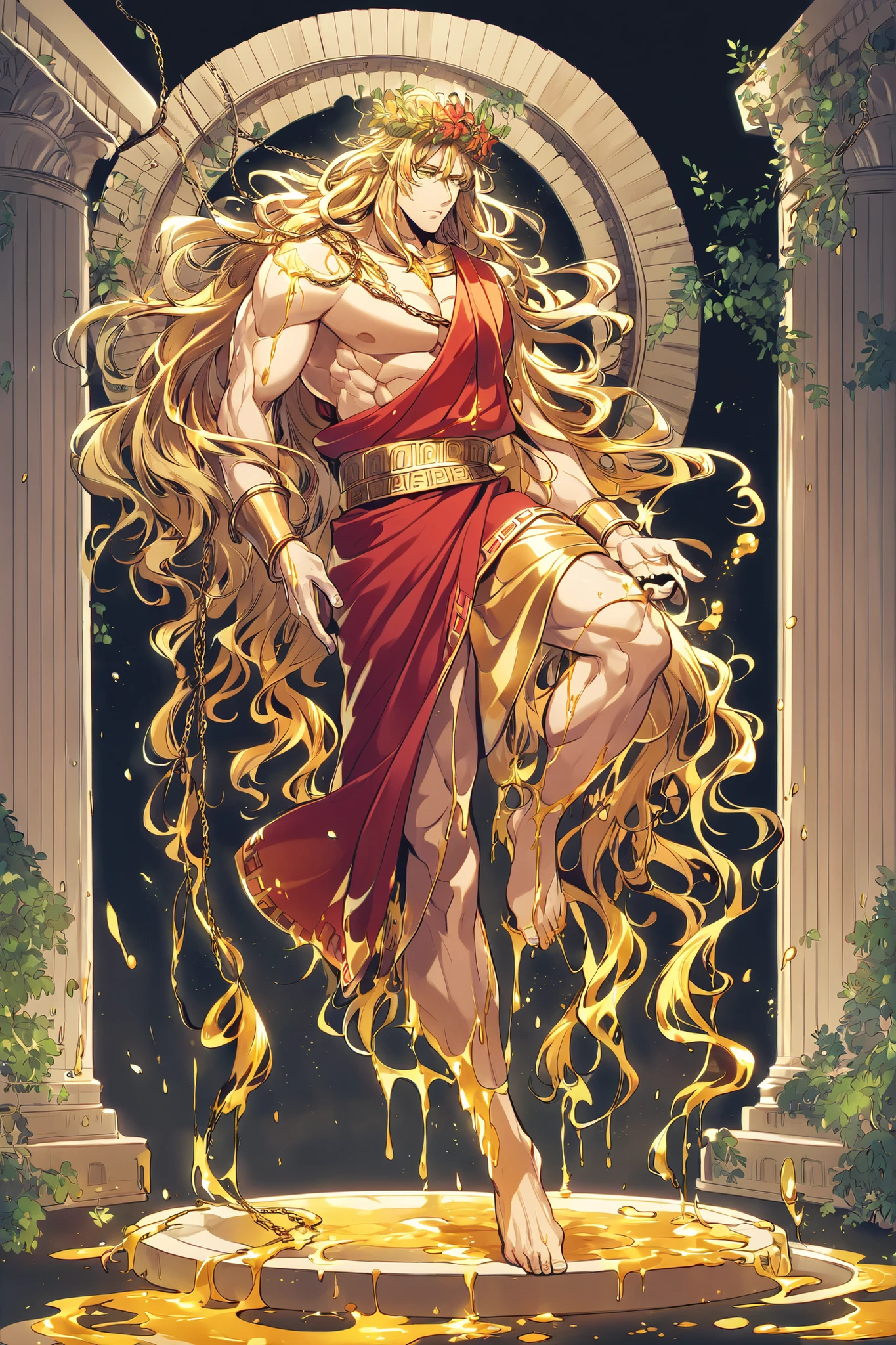 (muscular,muscular male,large pectorals) Ancient greek God, middle-edged man (male character). He has tall mighty, muscular, broad-shouldered body shape with masculine features. He has metallic gold skintone. He covered with melted gold liquid. (He chained with golden chains.) He has green glowing eyes. He has black leaking black mascara under his eyes. He wears a wreath of scarlet laurel crown on his head. He has wavy LONG golden hairstyle floating in the air. He wearing a scarlet red Greek toga (greco-roman tunic) with gold embroidery. He's barefoot. (On the background: an overgrown ancient Greek temple)