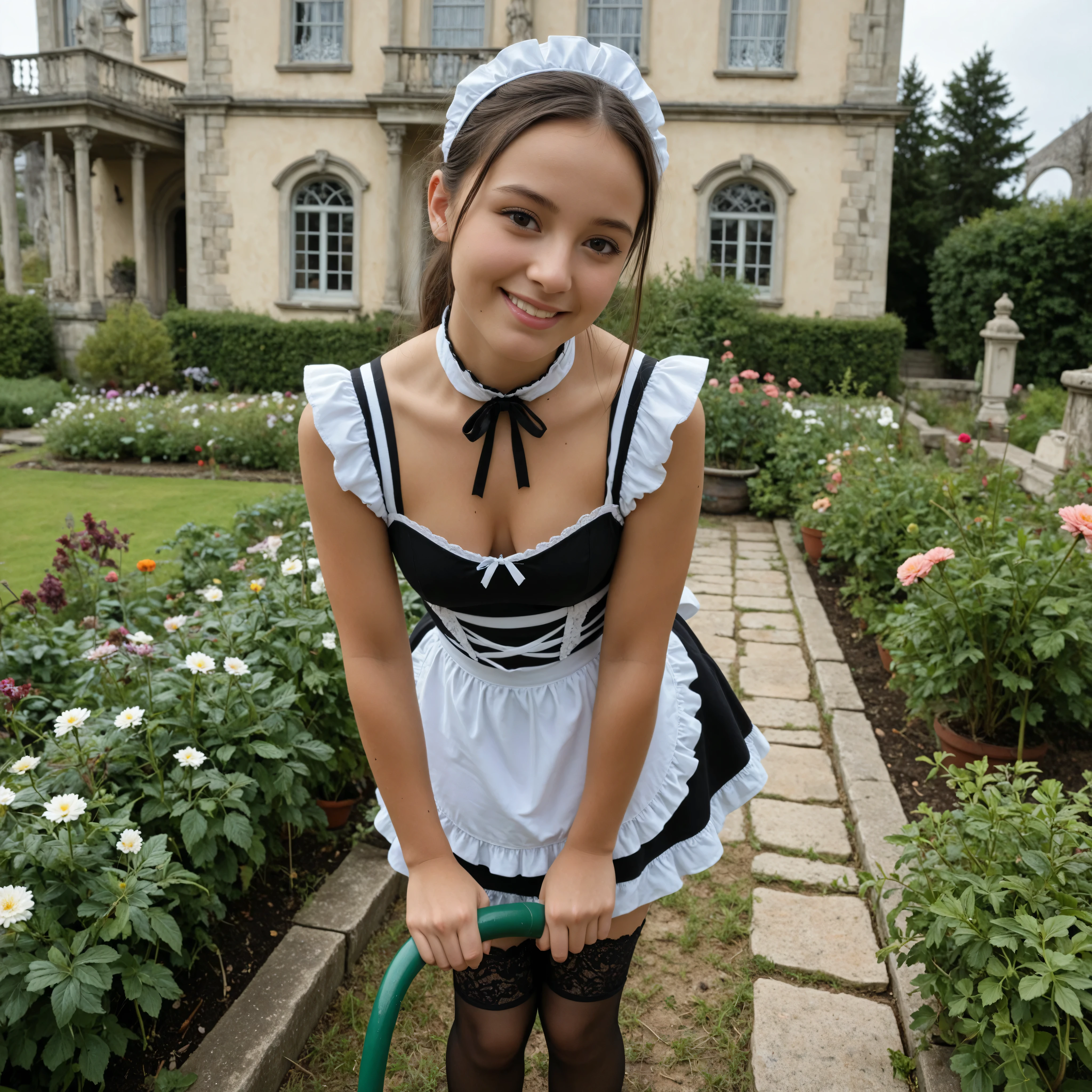 1 Girl、maids,Look at the audience,(skinny:0.47),(younger:1.41),from above,lean forward,is watering flowers outside the mansion,japanese,(smile Yang:0.76),black lace stockings