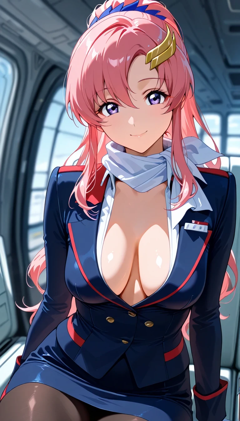 score_9, score_8_up, score_7_up, source_anime, Top Quality、8k、masterpiece、natural light、and high precision、perfect anatomy、solo, small , (sagging :1.2), (voluptuous body:1.4), lacus_c, long hair, ponytail, pink hair, hair between eyes, purple eyes, (Happy Expression:1.3, above), Watery eyes, looking at viewer, (flight attendant uniform), tight suit, ((navy suit)), red trim, jacket, white shirt, tight pencil skirt, black shiny pantyhose, open collar, Cleavage, lightweight silk scarf, short scarf, (Inside a passenger plane, blurry background), sitting, sitting next to viewer, ((from the side, Focus, portrait))