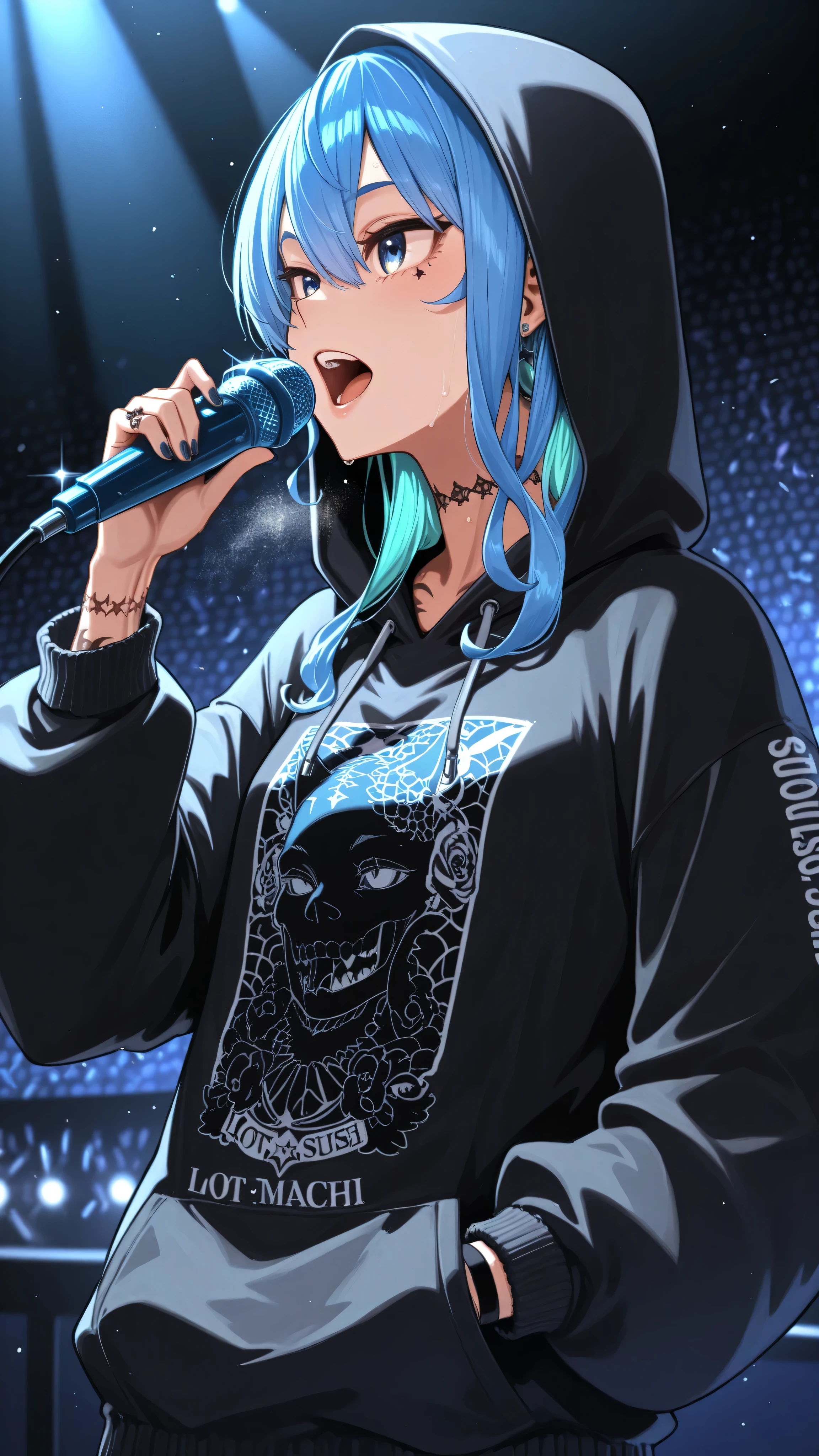 Hoshimachi Suisei ,beautiful,4k,lot of Pierce,lot of tattoo, hoodie,singing