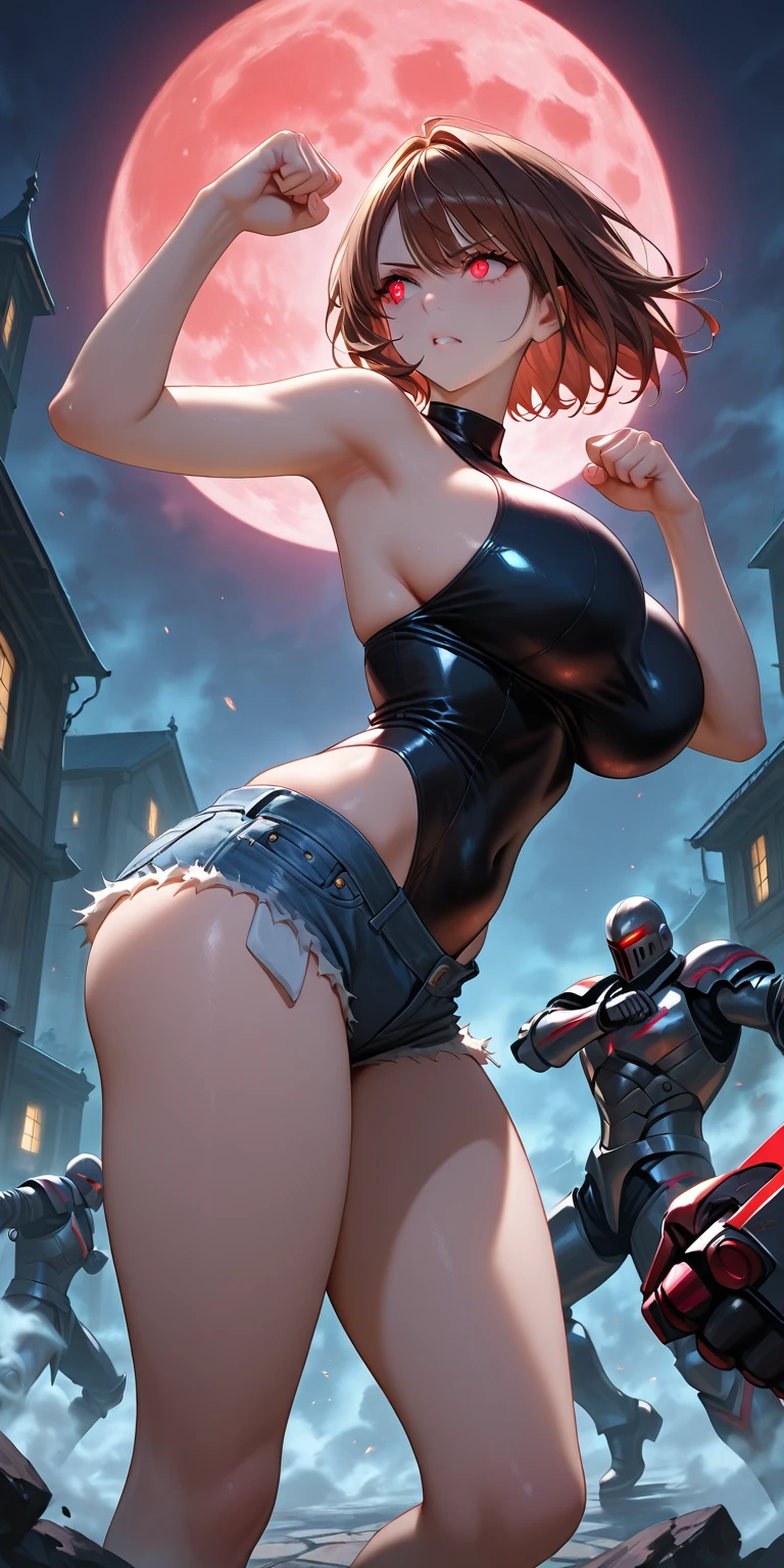 a giant woman in a busted and ripped red , massive bulging , bright red hair, Madonna inspired face,  girl, oppai, badass anime 8 k, oppai, extremely detailed artgerm, beautiful alluring anime woman, best anime 4k konachan wallpaper, anime cover, 4k anime wallpaper, anime style 4 k