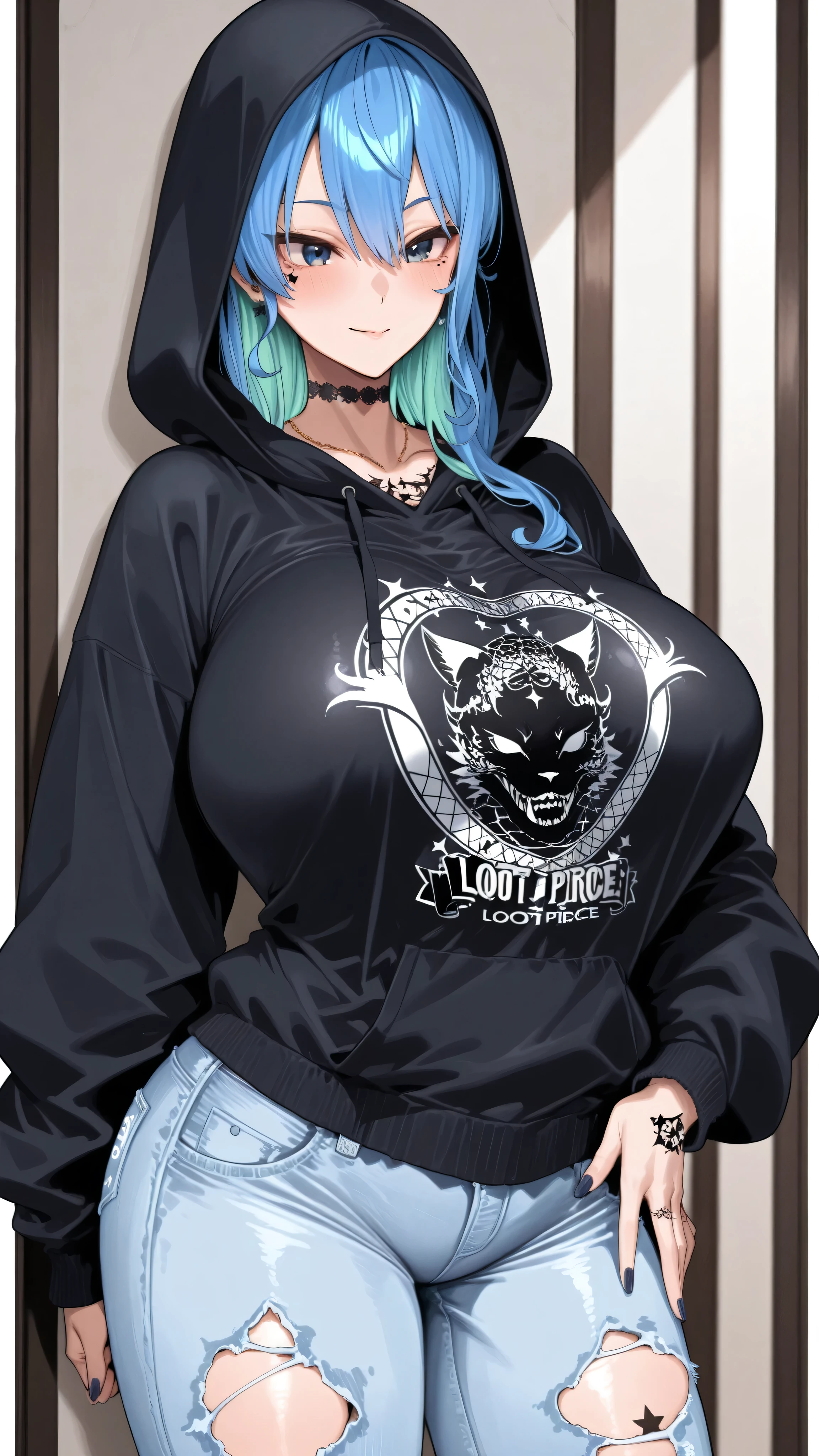 Hoshimachi Suisei ,beautiful,4k,lot of Pierce,lot of tattoo, ripped jeans, hoodie,huge breast