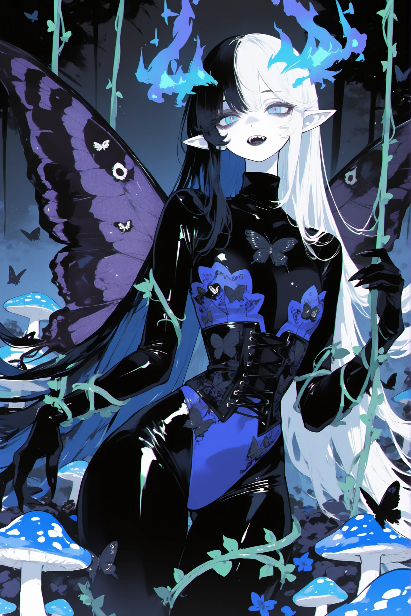 (0__11Xx_illu,duobaan,)(SPLIT-COLOR HAIR,MIX OF BLACK AND WHITE HAIR,) Dark faèrie-girl. She has an asthenic skinny flat-chested physique, she has long elegant swan neck,clawed six-fingered limbs,long pointy ears. She has huge sharp pitch black butterfly wings. She has elegant curving antennas. She has white skin and a long straight nose. She has black lipstick and sharp needle-like teeth.
She has straight longest striped hair with NO BANGS. She has royal blue eyes with Nazar symbol.  She wearing in jet-black closed skin-tight catsuit with nature embroidery and engraving of vines. Over it, she wears a Black butterfly leotard dress, with a narrow waist corset. (On background: twilight forest where purple-black trees are covered with bioluminescent moss , multicolored Lilly flowers and mushrooms. Black butterflies and moths are flying everywhere.)