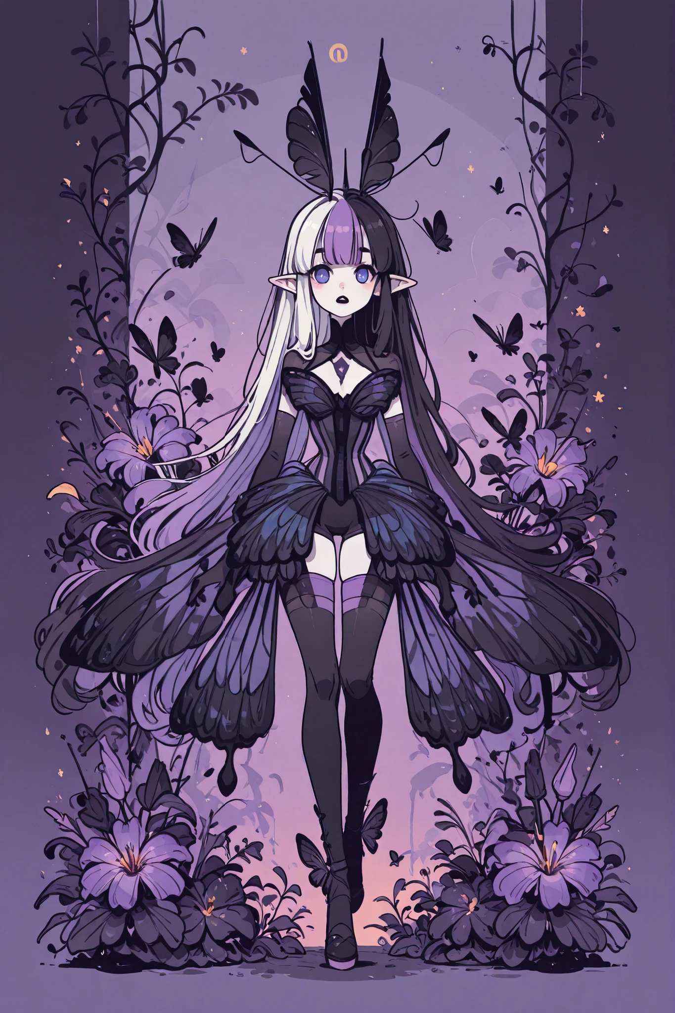 (novuschroma15 style,)(Chibi) (SPLIT-COLOR HAIR,MIX OF BLACK AND WHITE HAIR,) Dark faèrie-girl. She has an asthenic skinny flat-chested physique, she has long elegant swan neck,clawed six-fingered limbs,long pointy ears. She has huge sharp pitch black butterfly wings. She has elegant curving antennas. She has white skin and a long straight nose. She has black lipstick and sharp needle-like teeth.
She has straight longest striped hair with NO BANGS. She has royal blue eyes with Nazar symbol. She wearing in jet-black closed skin-tight catsuit with nature embroidery and engraving of vines. Over it, she wears a Black butterfly leotard dress, with a narrow waist corset. (On background: twilight forest where purple-black trees are covered with bioluminescent moss , multicolored Lilly flowers and mushrooms. Black butterflies and moths are flying everywhere.)
