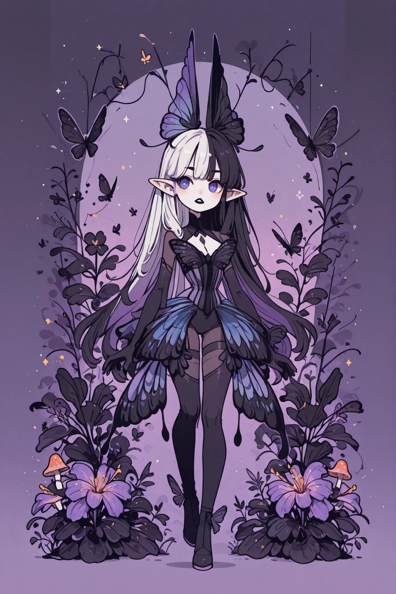 (novuschroma15 style,)(Chibi) (SPLIT-COLOR HAIR,MIX OF BLACK AND WHITE HAIR,) Dark faèrie-girl. She has an asthenic skinny flat-chested physique, she has long elegant swan neck,clawed six-fingered limbs,long pointy ears. She has huge sharp pitch black butterfly wings. She has elegant curving antennas. She has white skin and a long straight nose. She has black lipstick and sharp needle-like teeth.
She has straight longest striped hair with NO BANGS. She has royal blue eyes with Nazar symbol.  She wearing in jet-black closed skin-tight catsuit with nature embroidery and engraving of vines. Over it, she wears a Black butterfly leotard dress, with a narrow waist corset. (On background: twilight forest where purple-black trees are covered with bioluminescent moss , multicolored Lilly flowers and mushrooms. Black butterflies and moths are flying everywhere.)