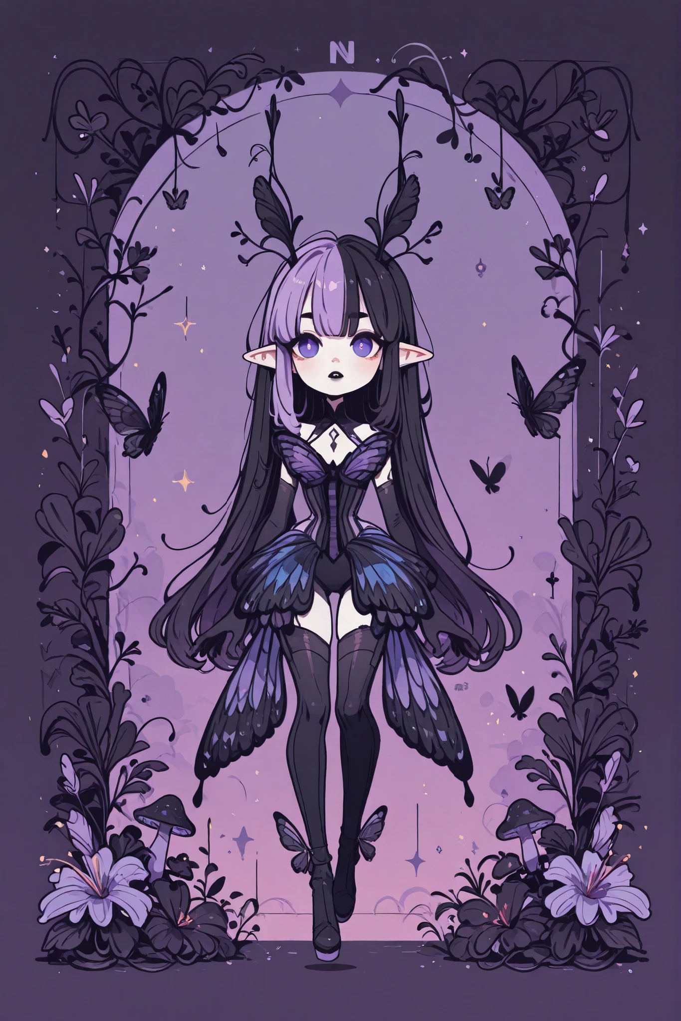 (novuschroma15 style,)(Chibi) (SPLIT-COLOR HAIR,MIX OF BLACK AND WHITE HAIR,) Dark faèrie-girl. She has an asthenic skinny flat-chested physique, she has long elegant swan neck,clawed six-fingered limbs,long pointy ears. She has huge sharp pitch black butterfly wings. She has elegant curving antennas. She has white skin and a long straight nose. She has black lipstick and sharp needle-like teeth.
She has straight longest striped hair with NO BANGS. She has royal blue eyes with Nazar symbol. She wearing in jet-black closed skin-tight catsuit with nature embroidery and engraving of vines. Over it, she wears a Black butterfly leotard dress, with a narrow waist corset. (On background: twilight forest where purple-black trees are covered with bioluminescent moss , multicolored Lilly flowers and mushrooms. Black butterflies and moths are flying everywhere.)