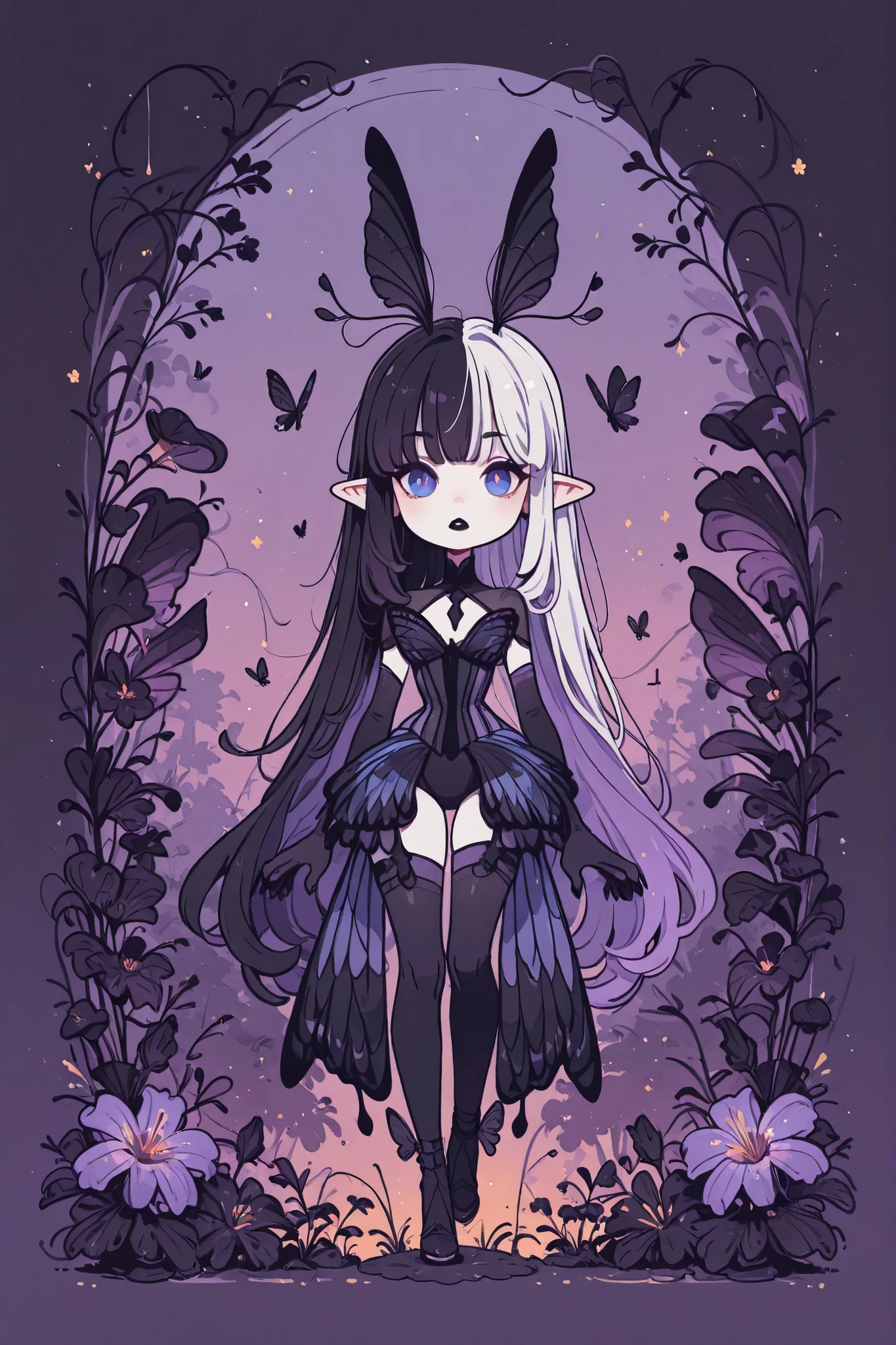 (novuschroma15 style,)(Chibi) (SPLIT-COLOR HAIR,MIX OF BLACK AND WHITE HAIR,) Dark faèrie-girl. She has an asthenic skinny flat-chested physique, she has long elegant swan neck,clawed six-fingered limbs,long pointy ears. She has huge sharp pitch black butterfly wings. She has elegant curving antennas. She has white skin and a long straight nose. She has black lipstick and sharp needle-like teeth.
She has straight longest striped hair with NO BANGS. She has royal blue eyes with Nazar symbol.  She wearing in jet-black closed skin-tight catsuit with nature embroidery and engraving of vines. Over it, she wears a Black butterfly leotard dress, with a narrow waist corset. (On background: twilight forest where purple-black trees are covered with bioluminescent moss , multicolored Lilly flowers and mushrooms. Black butterflies and moths are flying everywhere.)