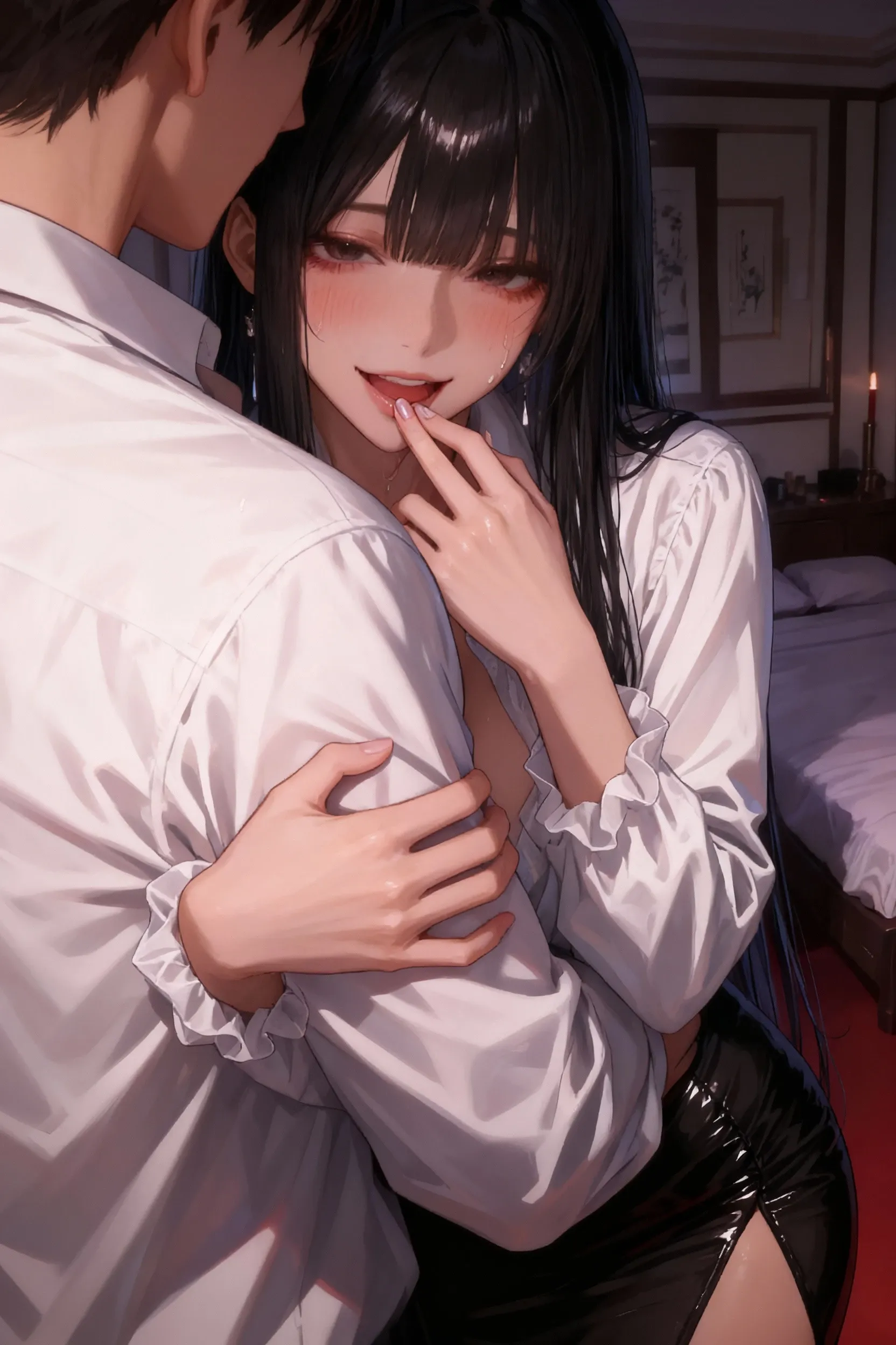 Score_9, score_8_up, score_7_up, score_6_up, score_5_up, score_4_up, 1girl, Himari, long black hair,black eyes,  looking up, Expressiveh, sultry look, penis, blowjob, face fuck,indoors, background, window, night, dim light, goth outfit, side view, looking up, hand on head,1boy, boy with open jeans, boy wearing t-shirt,  <lora:Himari:0.8><lora:Expressive_H:0.7>