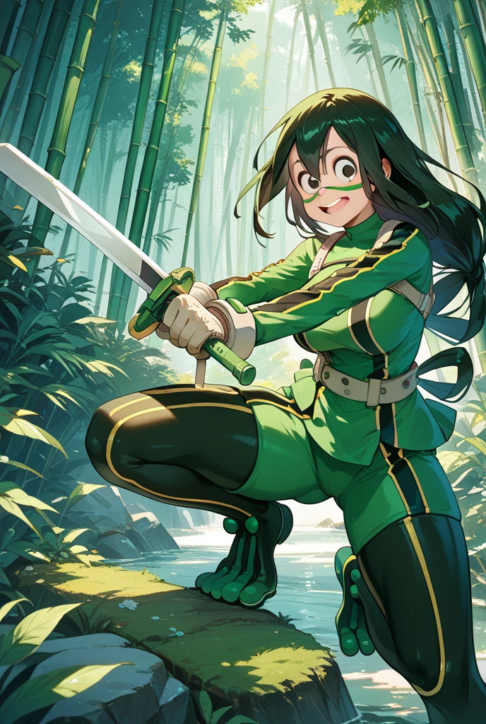 Earthbender human woman with tanned skin. She is a 16-year-old teenager with green eyes and green clothing. Her hair is brown in a just ONE braid. She is beautiful and her skin is dark in color. Her skin is slightly dark. Earthbender. Tsundere face. Beatifule
