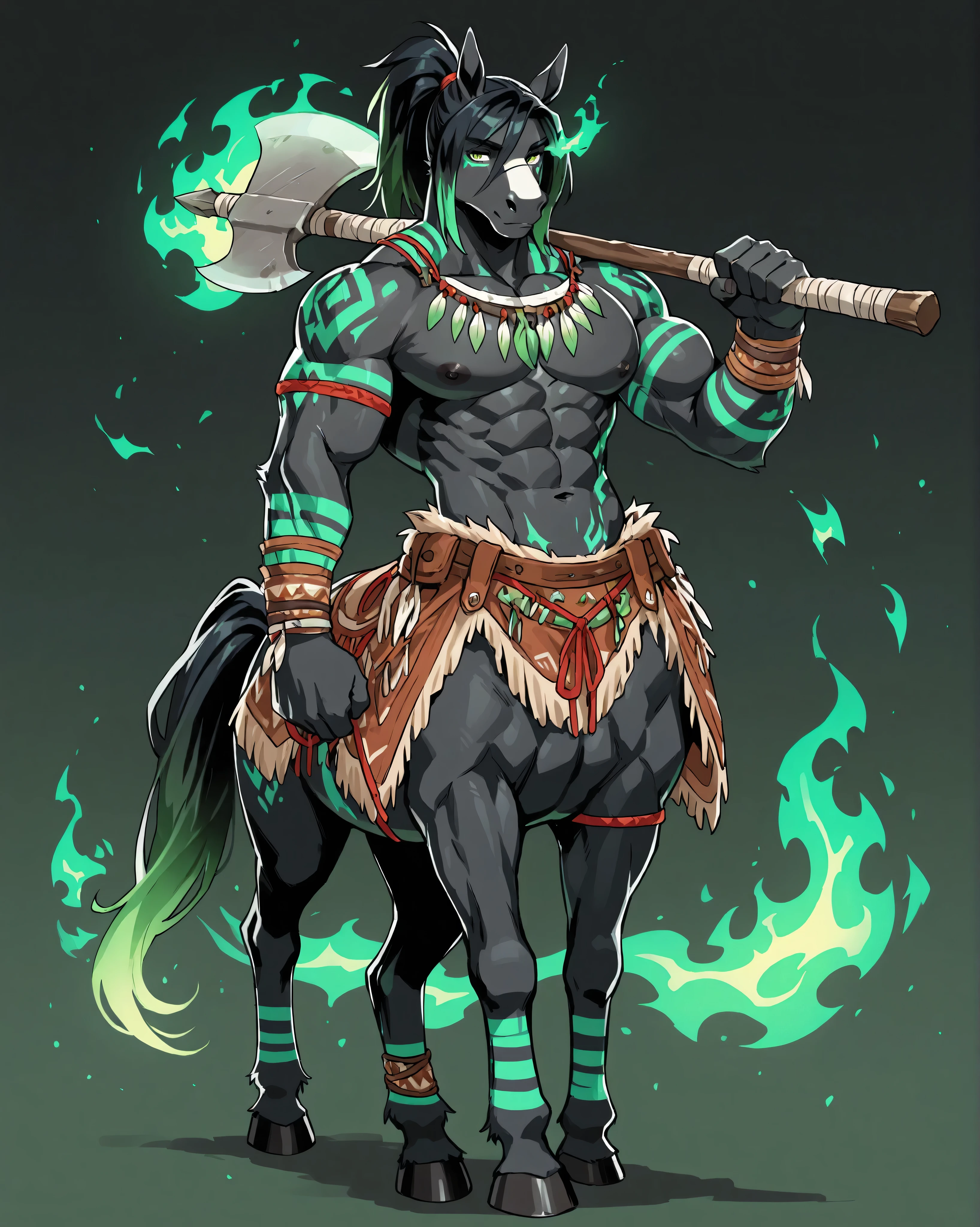 anthro, furry, solo, 1boy, black horse, centaur, full body, black hair, hair with ponytail, hair with green tips, detail of green fire and green stripes on the body, muscular, green eye, tribal clothing, outfit with red details,  holding big axe