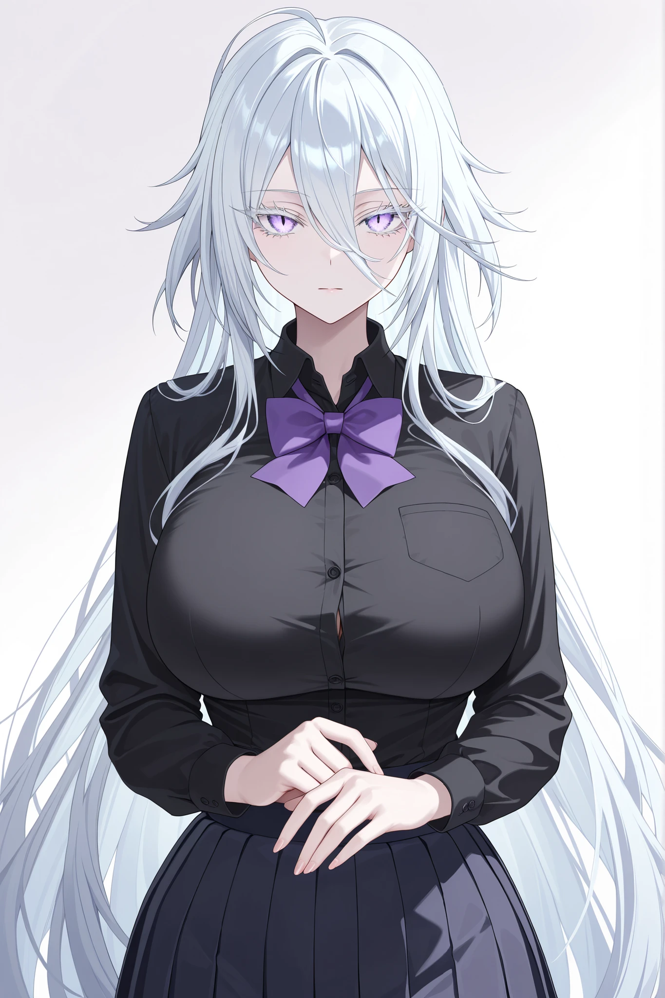 1girl, solo, anime girl, elegant, sovetsky_soyuz, masterpiece, very aesthetic, white hair, extremely long hair, very long hair between eyes, purple eyes, sharp eye outlines, white eyelashes, long eyelashes, looking at viewer, big breasts, curvy body, school uniform, black shirt, collared shirt, white pleated skirt, purple bowtie, half body, straight-on view, standing, demure posture, white background, simple background, soft skin, volume light, depth of field, high detail, highres, ultra-detailed, detailed face, (detailed eyes), (perfect eyes), perfect composition, intricate details, detailed and polished anime style, (detailed hand), (perfect hand), 4K, 8K