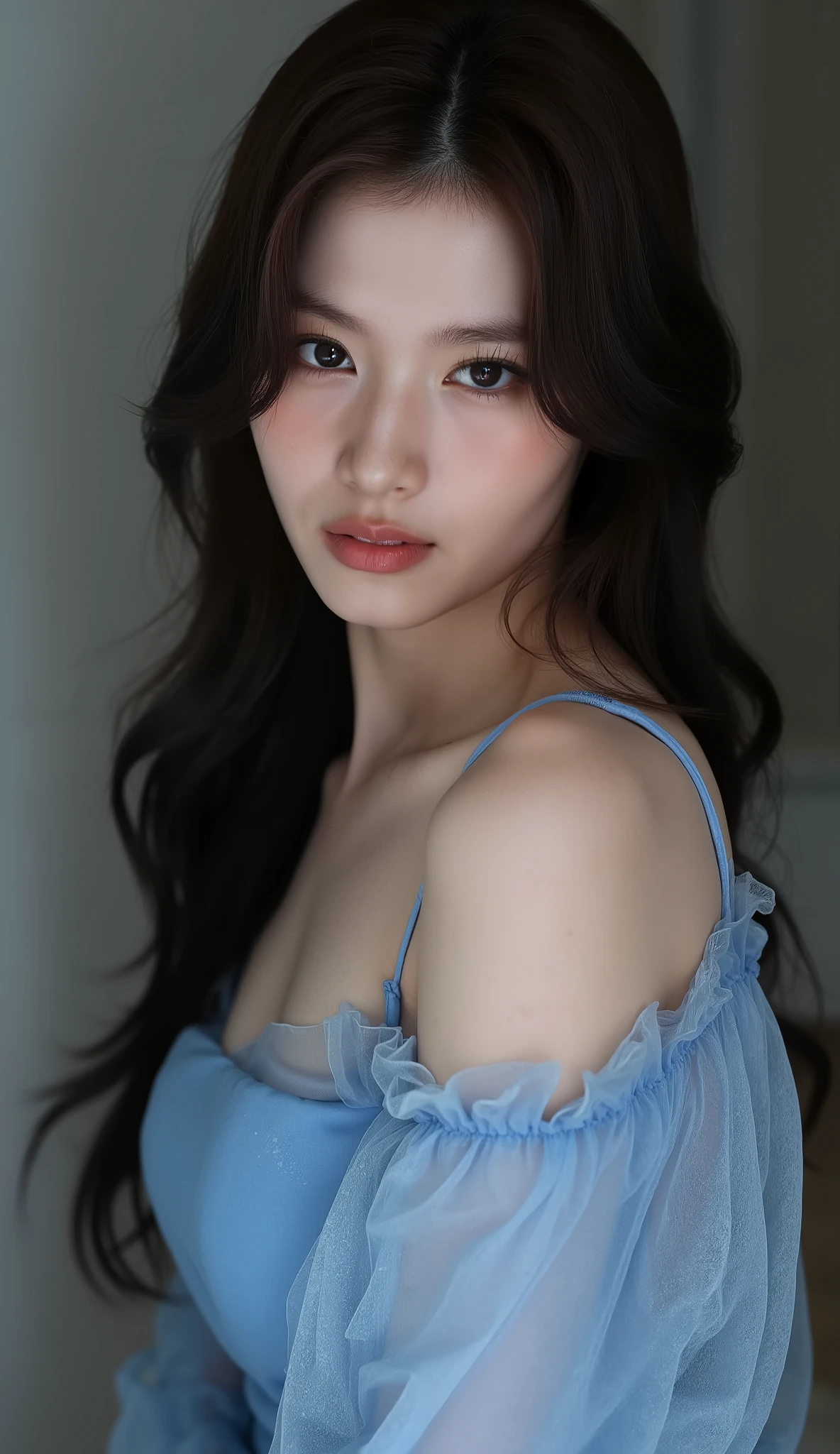 Redhead, Mui , Scrub arm posture, white women, supernatural beauty, Portrait of a Female with a Soft but Icy Appearance, Feminine Face, 19 years old, Black eye, She looks beautiful. She wore a blue dress with floral print,long black hair, shiny, soft, with a thin veil of hair., looking at the camera, photograph background, Portrait, near the face, Pale skin, beautiful face, chinese girl, silly girl's lips, beautiful lips, Shiny lips, Big Boobs, Medium-length sleeves, wide sleeves, grooved, wide hips, sitting,