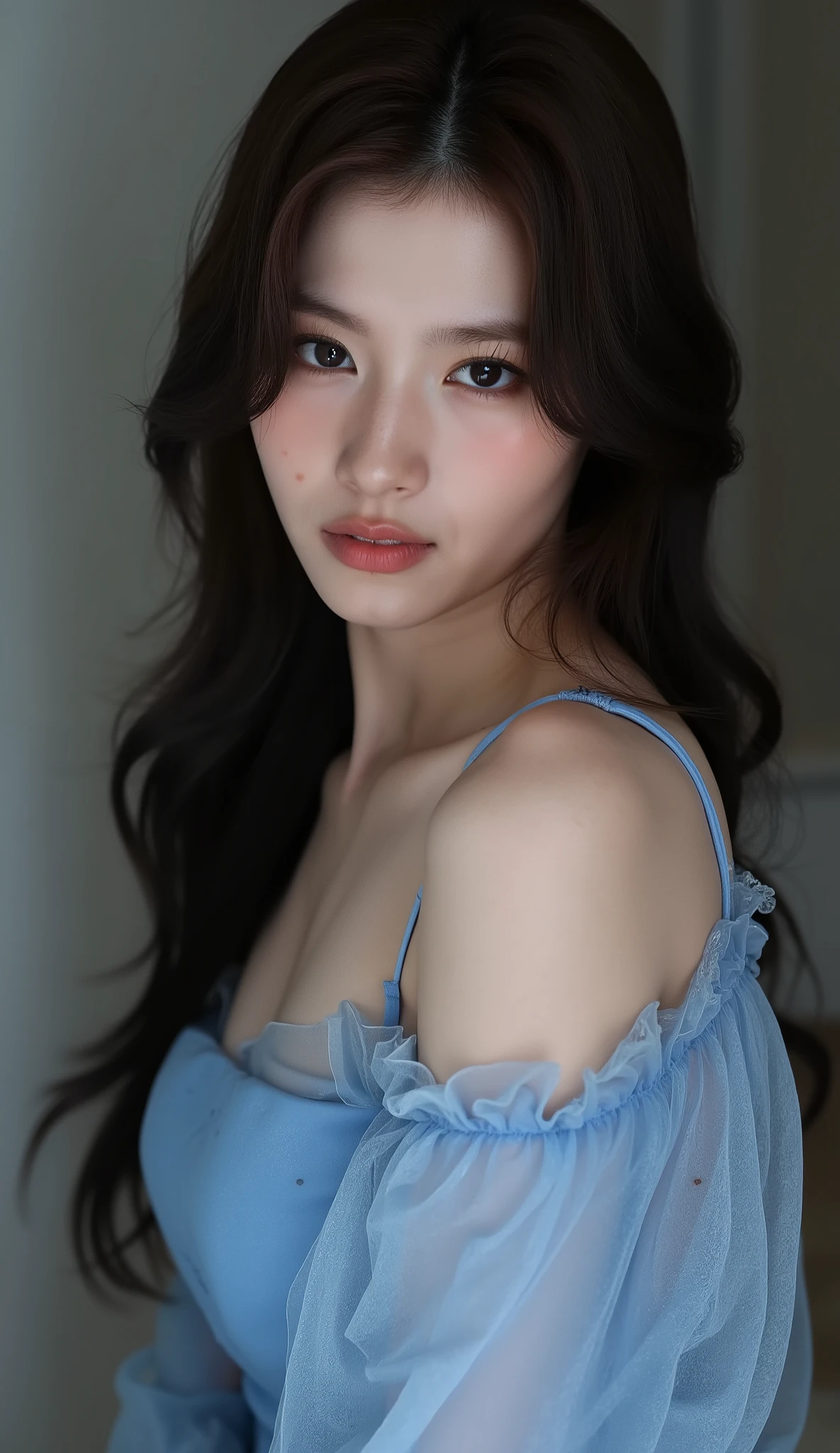 Redhead, Mui , Scrub arm posture, white women, supernatural beauty, Portrait of a Female with a Soft but Icy Appearance, Feminine Face, 19 years old, Black eye, She looks beautiful. She wore a blue dress with floral print,long black hair, shiny, soft, with a thin veil of hair., looking at the camera, photograph background, Portrait, near the face, Pale skin, beautiful face, chinese girl, silly girl's lips, beautiful lips, Shiny lips, Big Boobs, Medium-length sleeves, wide sleeves, grooved, wide hips, sitting,