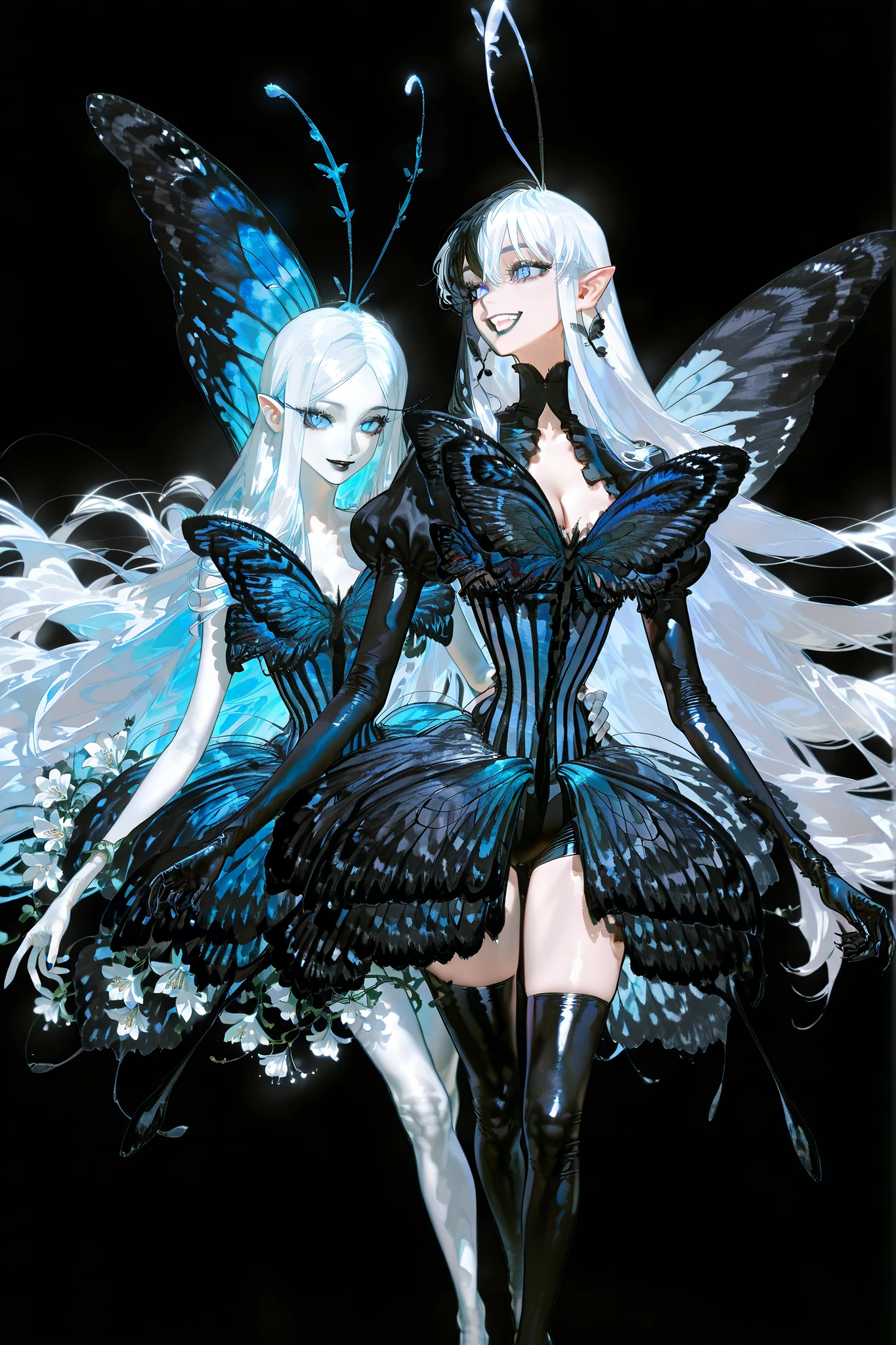(SPLIT-COLOR HAIR,MIX OF BLACK AND WHITE HAIR,) Dark faèrie-girl. She has an asthenic skinny flat-chested physique, she has long elegant swan neck,clawed six-fingered limbs,long pointy ears. She has huge sharp pitch black butterfly wings. She has elegant curving antennas. She has white skin and a long straight nose. She has black lipstick and sharp needle-like teeth.
She has straight longest striped hair with NO BANGS. She has royal blue eyes with Nazar symbol. She wearing in jet-black closed skin-tight catsuit with nature embroidery and engraving of vines. Over it, she wears a Black butterfly leotard dress, with a narrow waist corset. (On background: twilight forest where purple-black trees are covered with bioluminescent moss , multicolored Lilly flowers and mushrooms. Black butterflies and moths are flying everywhere.)