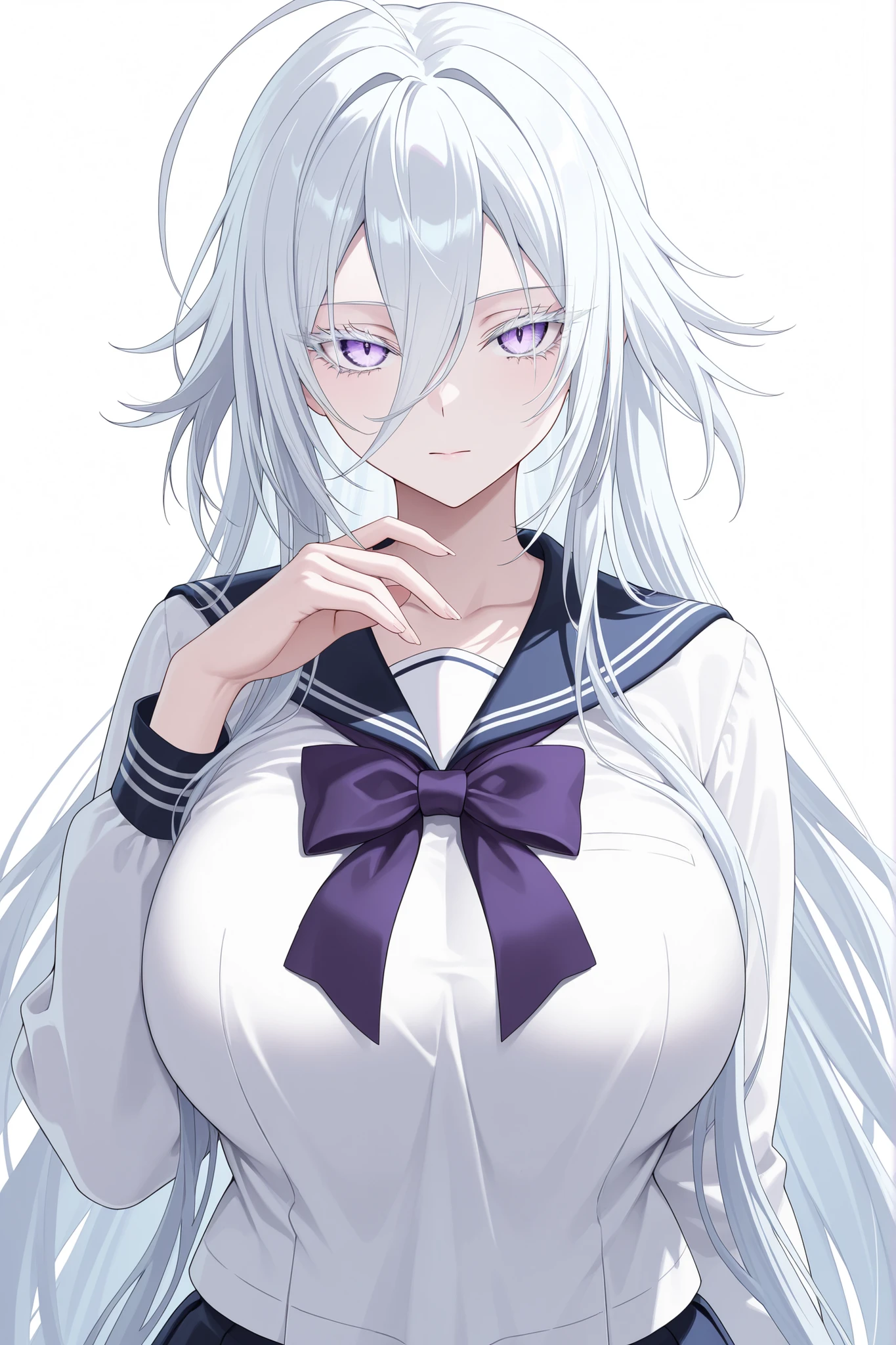 1girl, solo, anime girl, elegant, sovetsky_soyuz, masterpiece, very aesthetic, white hair, extremely long hair, very long hair between eyes, purple eyes, sharp eye outlines, white eyelashes, long eyelashes, looking at viewer, big breasts, curvy body, school sailor uniform, purple bowtie, half body, straight-on view, standing, demure posture, white background, simple background, soft skin, volume light, depth of field, high detail, highres, ultra-detailed, detailed face, (detailed eyes), (perfect eyes), perfect composition, intricate details, detailed and polished anime style, (detailed hand), (perfect hand), 4K, 8K