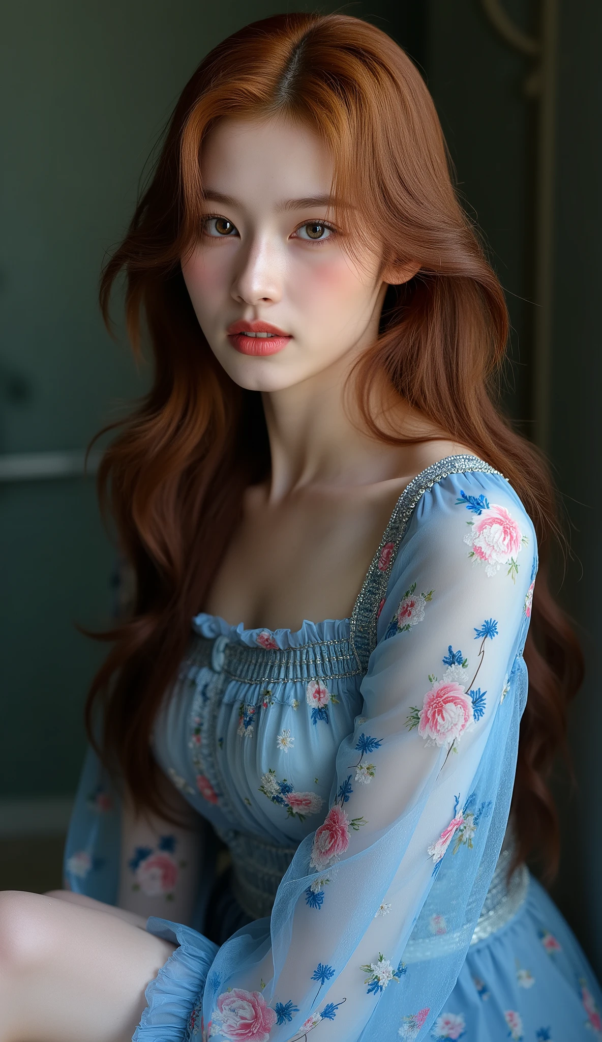 Redhead, Mui , Scrub arm posture, white women, supernatural beauty, Portrait of a Female with a Soft but Icy Appearance, Feminine Face, 19 years old, Black eye, She looks beautiful. She wore a blue dress with floral print,long black hair, shiny, soft, with a thin veil of hair., looking at the camera, photograph background, Portrait, near the face, Pale skin, beautiful face, chinese girl, silly girl's lips, beautiful lips, Shiny lips, Big Boobs, Medium-length sleeves, wide sleeves, grooved, wide hips, sitting,