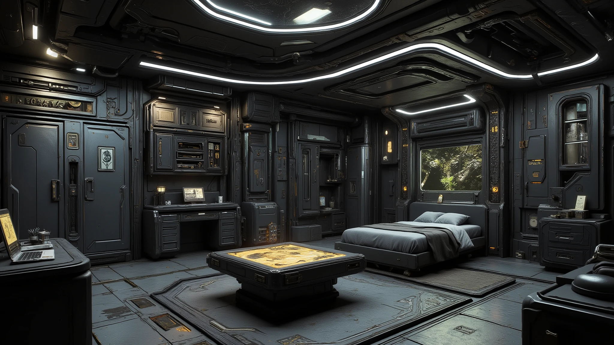 ((Best quality)), ((masterpiece)): Create bedchamber in a palace on Terra from Warhammer 40K, it's a bedchamer with plain pale black color mix scifi style, has a one bed and desk, holographic table in the middle of the room, Military style closet built into the corner wall of the room, It has a space complete with a bathroom.