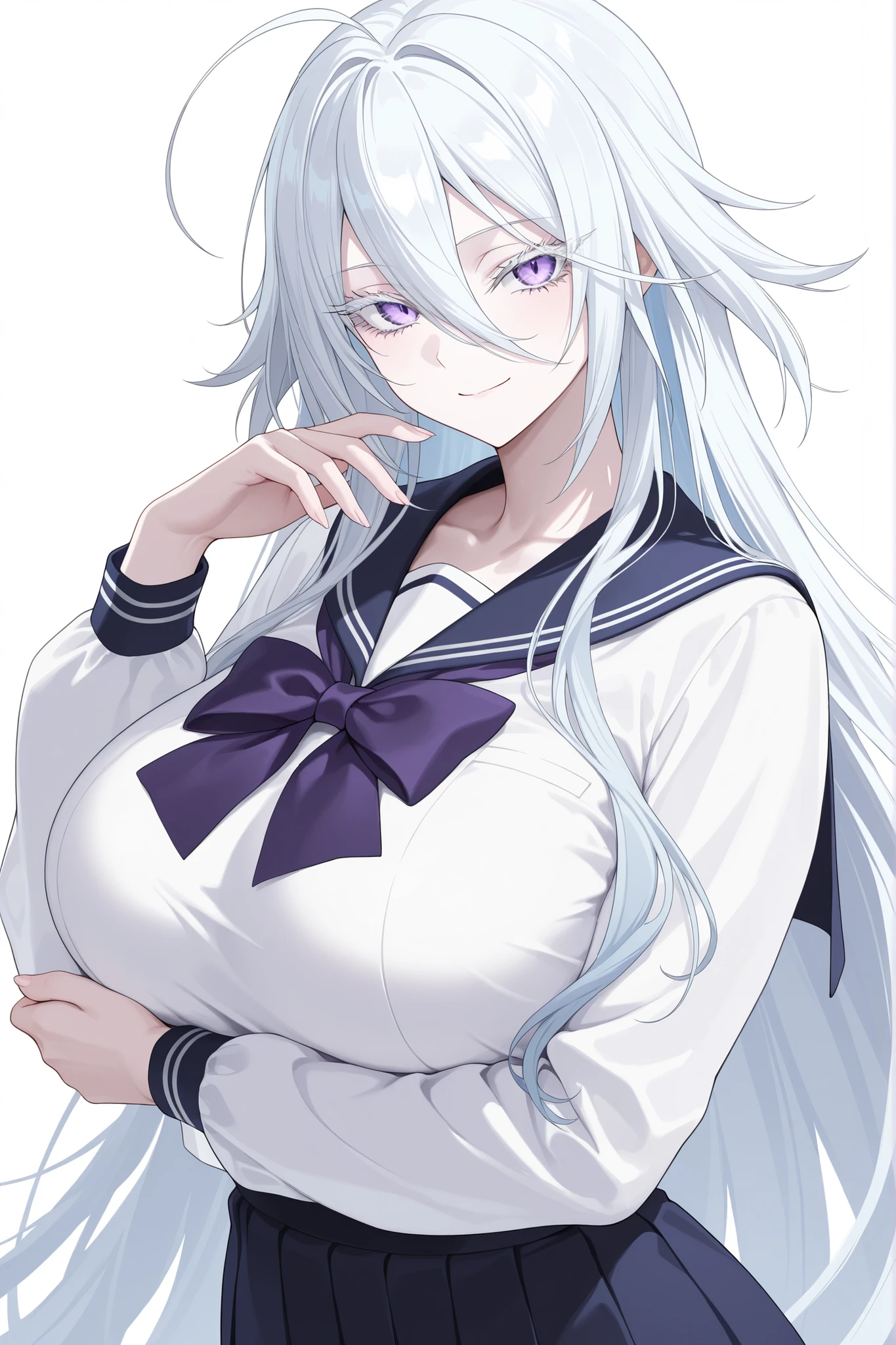 1girl, solo, anime girl, elegant, sovetsky_soyuz, masterpiece, very aesthetic, white hair, extremely long hair, very long hair between eyes, purple eyes, sharp eye outlines, white eyelashes, long eyelashes, looking at viewer, small smile, big breasts, curvy body, school sailor uniform, purple bowtie, half body, straight-on view, standing, demure posture, white background, simple background, soft skin, volume light, depth of field, high detail, highres, ultra-detailed, detailed face, (detailed eyes), (perfect eyes), perfect composition, intricate details, detailed and polished anime style, (detailed hand), (perfect hand), 4K, 8K