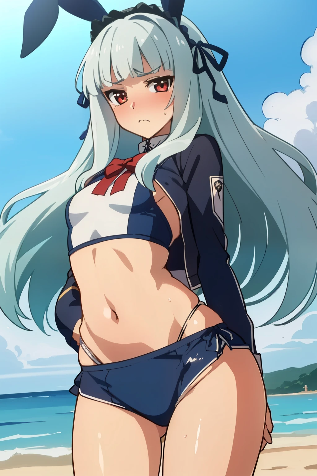 (Top quality, masterpiece, 8k:1.2), (anime coloring:1.2), very detailed, perfect hiar style, beautiful eyes, perfect eyes, detailed eyes, perfect eyebrows, perfect face, detailed face, perfect hairstyle, ultra-detailed, detailed eyes, symmetrical eyes, (dynamic angle), sharp details, oboro,1 girl,(lolita:1.6), silver hair, long hair, (((slim body))), (small breast), (thin thighs), (((short stature))), red eyes, beautiful eyes, hair cuffs, hair accessories, hair flaps, bunny ears, blunt bangs, solo, nffsw, (embarrassed expression, blushing:1.3), (bad mood:1.1), (dynamic sexy pose), (Rash guard,green put on a midriff jacket, Swimsuits, bikinis, beach, blue sky:1.2), (looking at the viewer:1.2), in the center of the image, (cowboy shot:1.2), dutch angle,