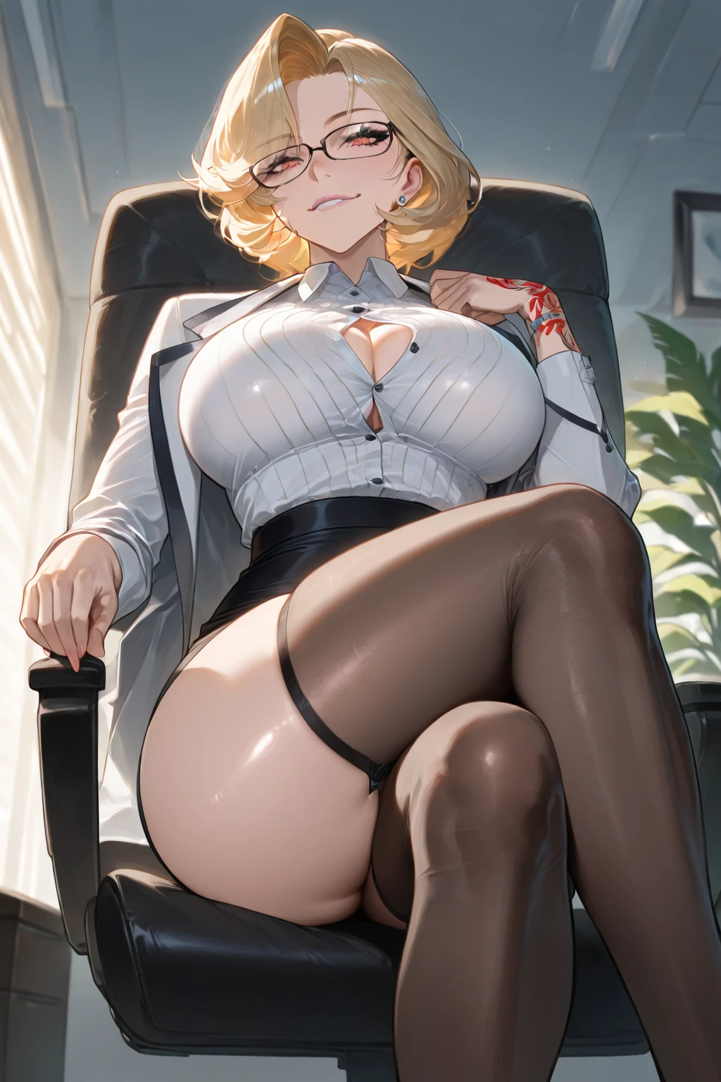 1 girl，office lady，High-cut ，((Low Angle，office lady，mini skirt，Tight Skirt，Pointy ，panties under pantyhose，angle of view of ceiling，Very exquisite white panties，pubic hair，Black Pantyhose，))，(Squat)，（From directly below:1.7），((highest quality, wonderful,8k, masterpiece :1.3)), (Realistic, photoRealistic:1.4),((Brown Skin)),（very fine and beautiful skin,Black Gal）,blonde, Black Gal，,Very detailed,Cinema Lighting, Detailed light, Best Shadow, Dynamic Angle,Elaborate panties（High leg pants:1.1）,Super big :1.6, Plump thighs, Indentation:1.5，Skirt flip,，In the office