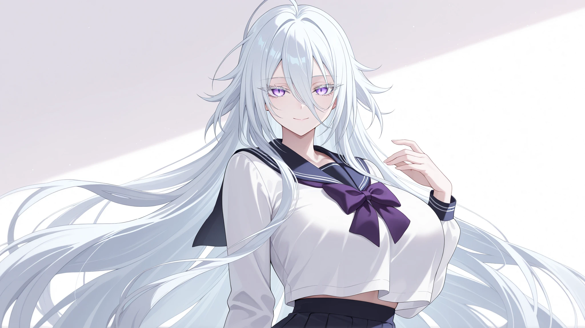 1girl, solo, anime girl, elegant, sovetsky_soyuz, masterpiece, very aesthetic, white hair, extremely long hair, very long hair between eyes, purple eyes, sharp eye outlines, white eyelashes, long eyelashes, looking at viewer, small smile, big breasts, curvy body, school sailor uniform, purple bowtie, half body, straight-on view, standing, demure posture, white background, simple background, soft skin, volume light, depth of field, high detail, highres, ultra-detailed, detailed face, (detailed eyes), (perfect eyes), perfect composition, intricate details, detailed and polished anime style, (detailed hand), (perfect hand), 4K, 8K