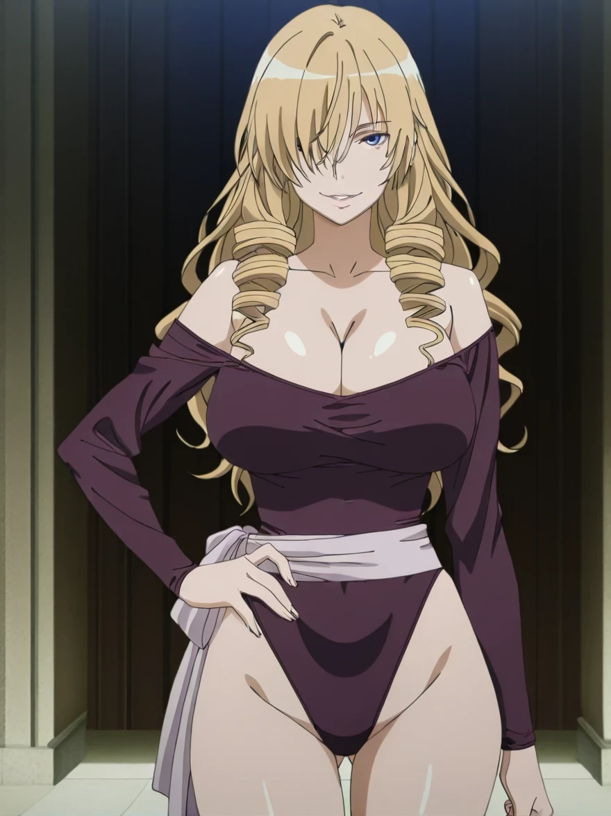 傑作、best quality、best resolution、best image quality、amazing quality、 very aesthetic、 absurdres、anime coloring、anime screencap 、anime screenshot 、1woman 、 <lora:oriana-thomson-indexs2-illustriousxl-lora-nochekaiser:1> 、 oriana thomson 、solo 、blonde hair 、long hair 、blue eyes 、drill hair 、drill sidelocks 、hair over one eye 、sidelocks 、parted lips 、juicy lips 、very large breasts 、cleavage 、large boobs 、large tits 、mature female 、collarbone 、deltoids 、purple leotard 、bare shoulders 、bare thighs 、bare legs 、long sleeves 、outfit:leotard 、high leg cut leotard、catsuit 、Catsuit style processing 、cyan sash 、sash 、tight leotard seamless 、purple high heels 、tall woman 、standing 、cowboy shot 、looking at viewer 、female focus 、dutch angle 、smile、elegant、elegant smile、evil smile、cat's eye style、