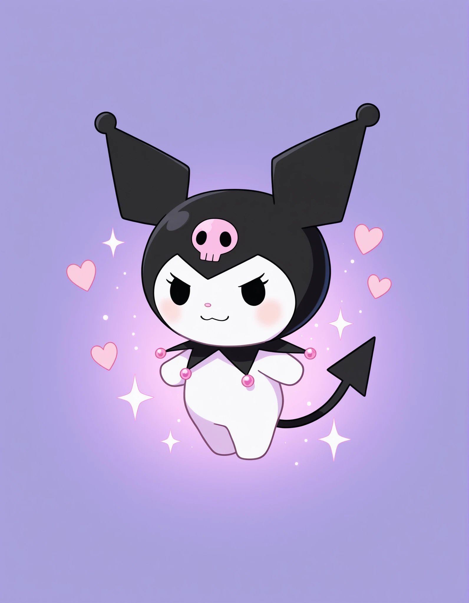 focus kuromi, dot eyes, skull print, tail, black eyes, chibi,, (lovely effect), sparkles, glowing hearts, pastel glow, kawaii, cute, kawaii,