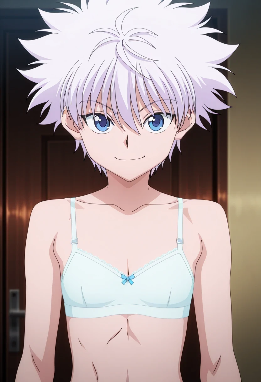 傑作、Best quality、Best resolution、Best image quality、amazing quality、 very aesthetic、 absurdres、anime coloring、anime screencap、anime screenshot、1boy、killua zoldick、<lora:killua_zoldyck_ilxl:1>、male focus、solo、white hair、short hair、spiked hair、bangs、blue eyes、upper body、smile、flat chest、seamless、wireless bra、lingerie underwear、closed mouth、looking at viewer、standing、white wireless bra、indoor、